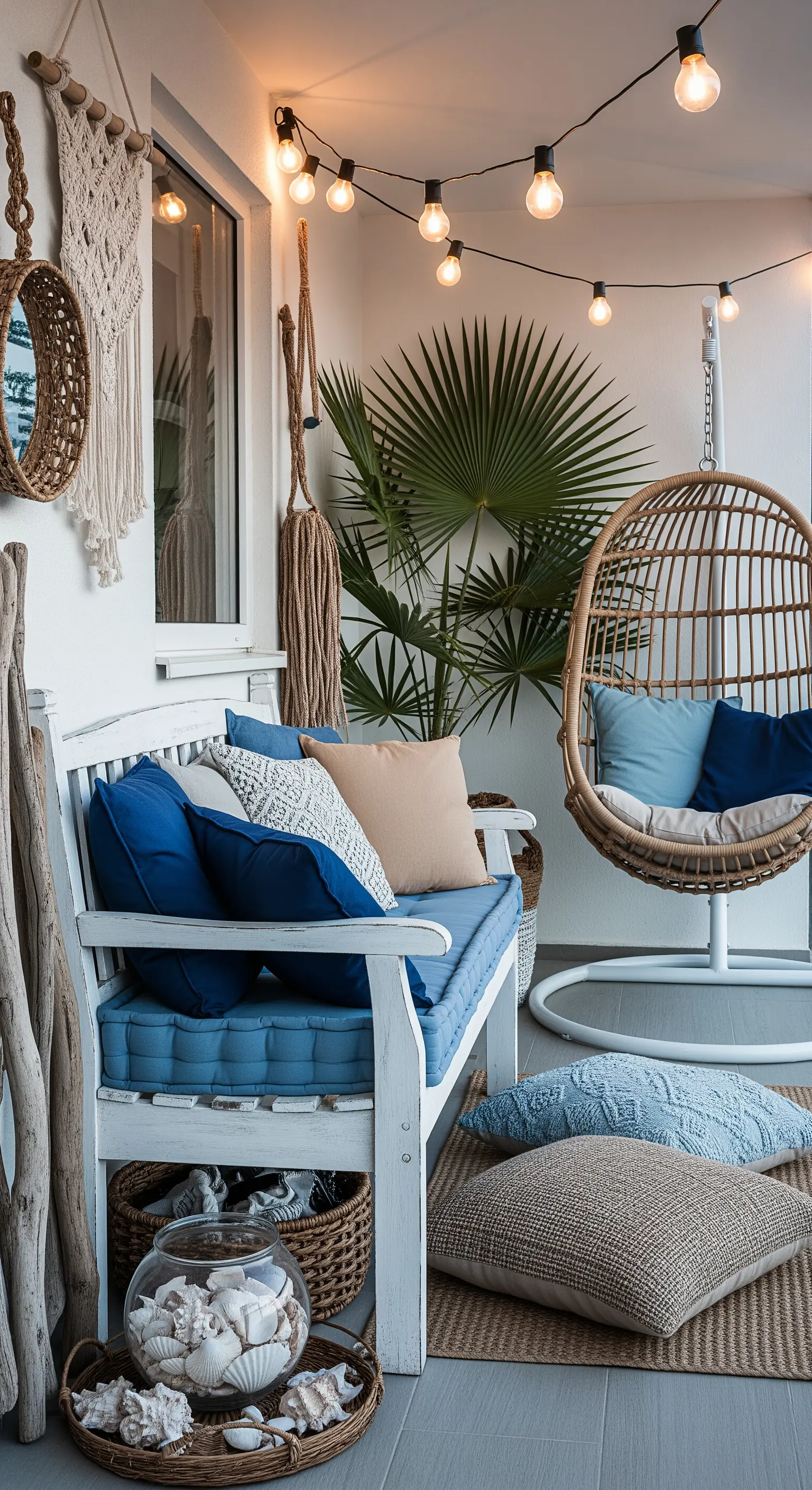 Balkon im maritimen Boho-Stil mit blauen Kissen, Treibholz und Hängesessel