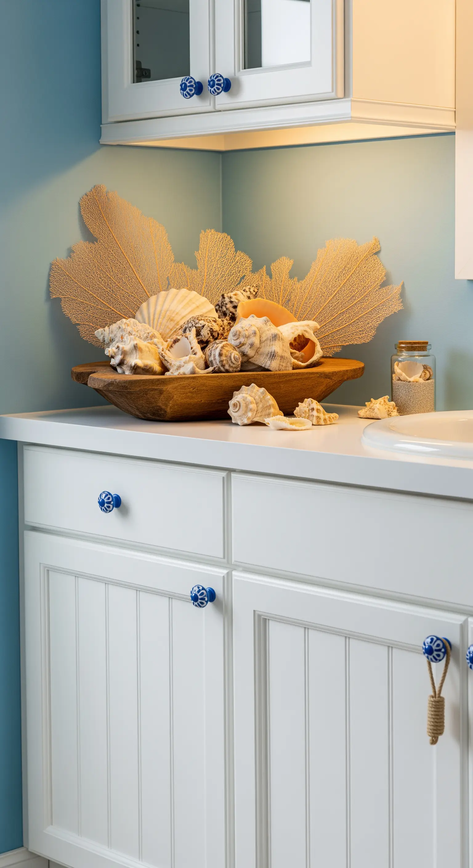 Weißer Waschtisch mit blauen Keramikknöpfen, Holzschale mit Muscheln und Korallenfächer.