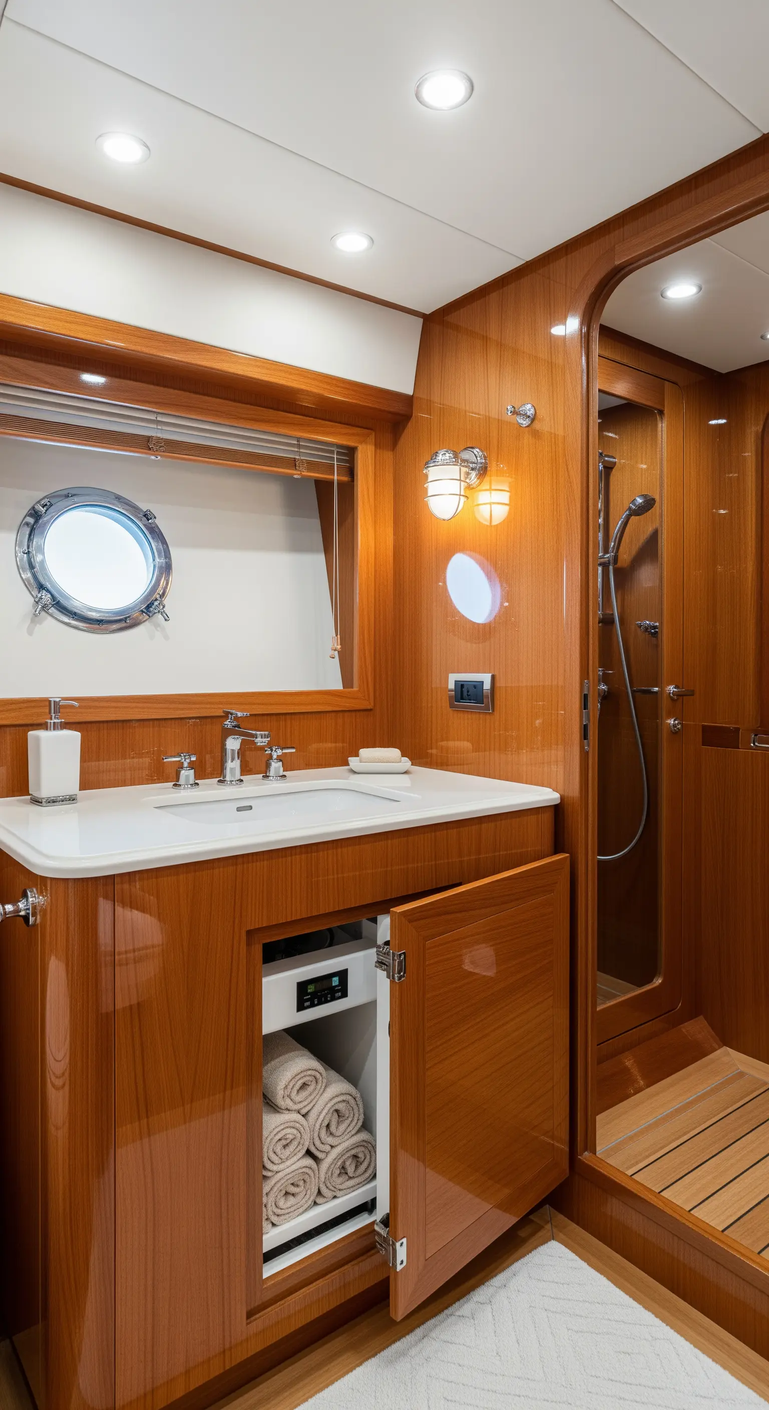 In einen Holzschrank integrierter Handtuchwärmer in einem Badezimmer im Yacht-Stil.