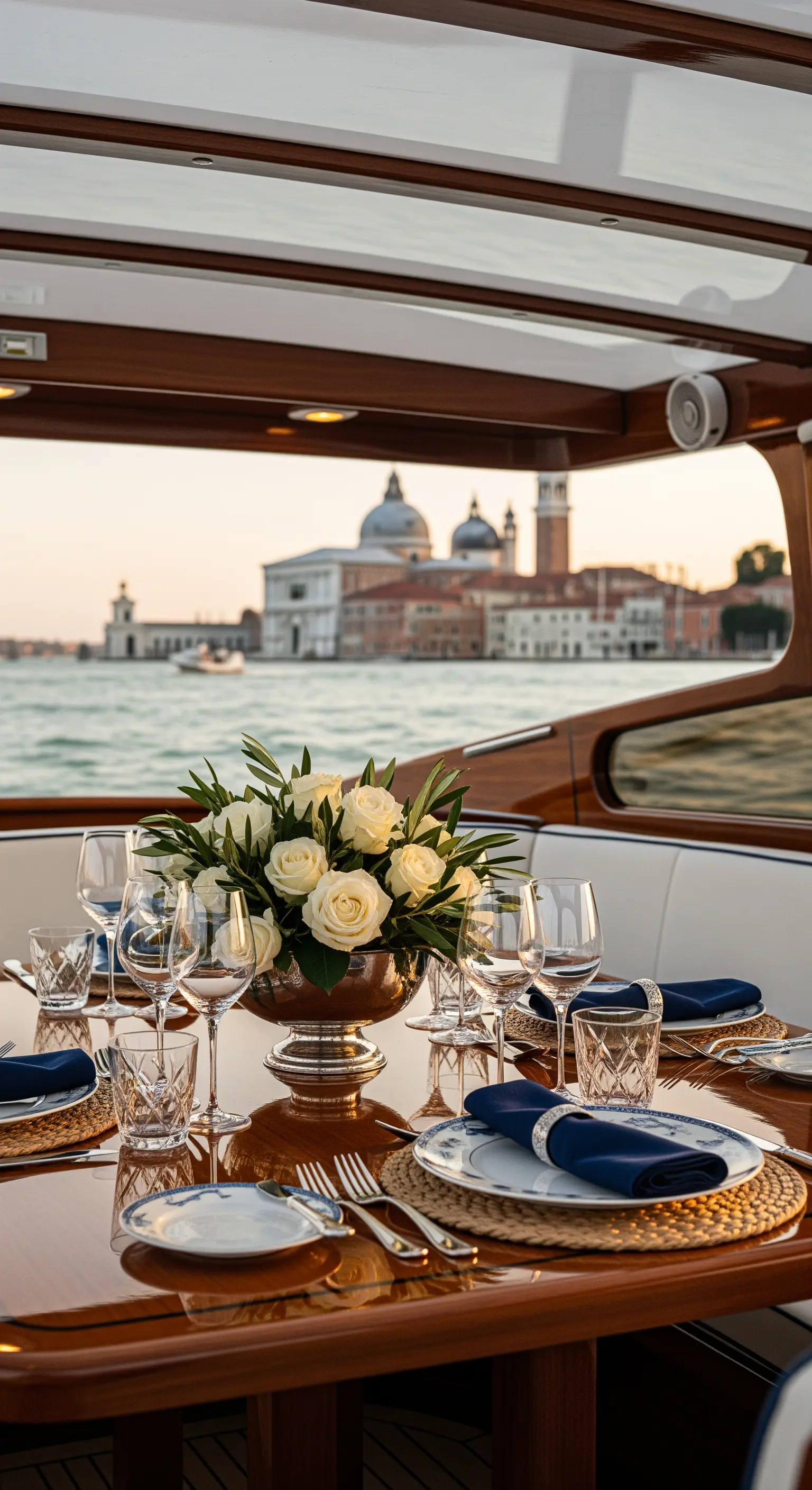 Eleganter Holztisch auf einem Boot mit weißen Rosen und blauen Servietten