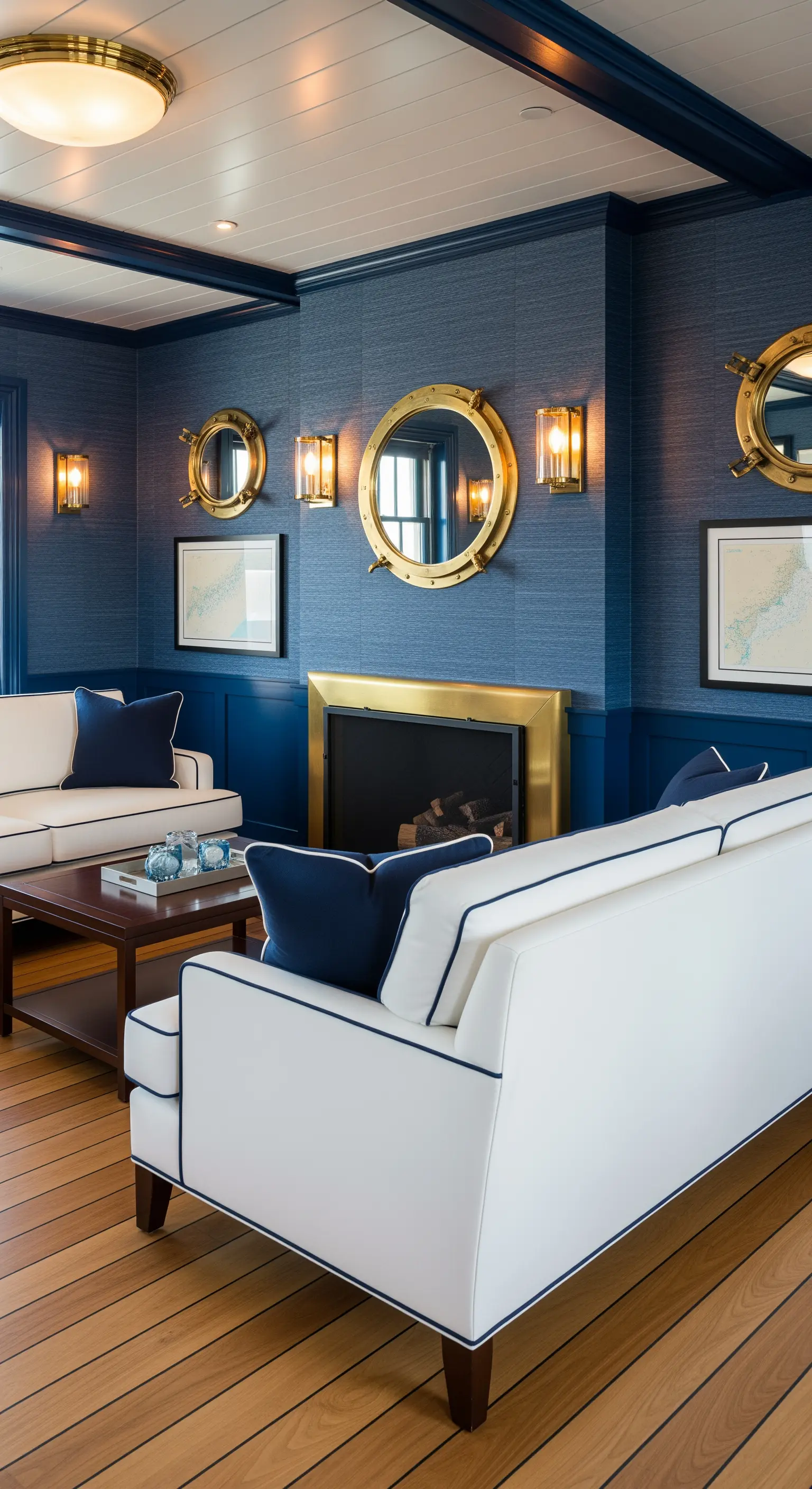Kaminlounge im maritimen Stil mit marineblauen Wänden, Messing-Bullaugen und weißen Sofas.