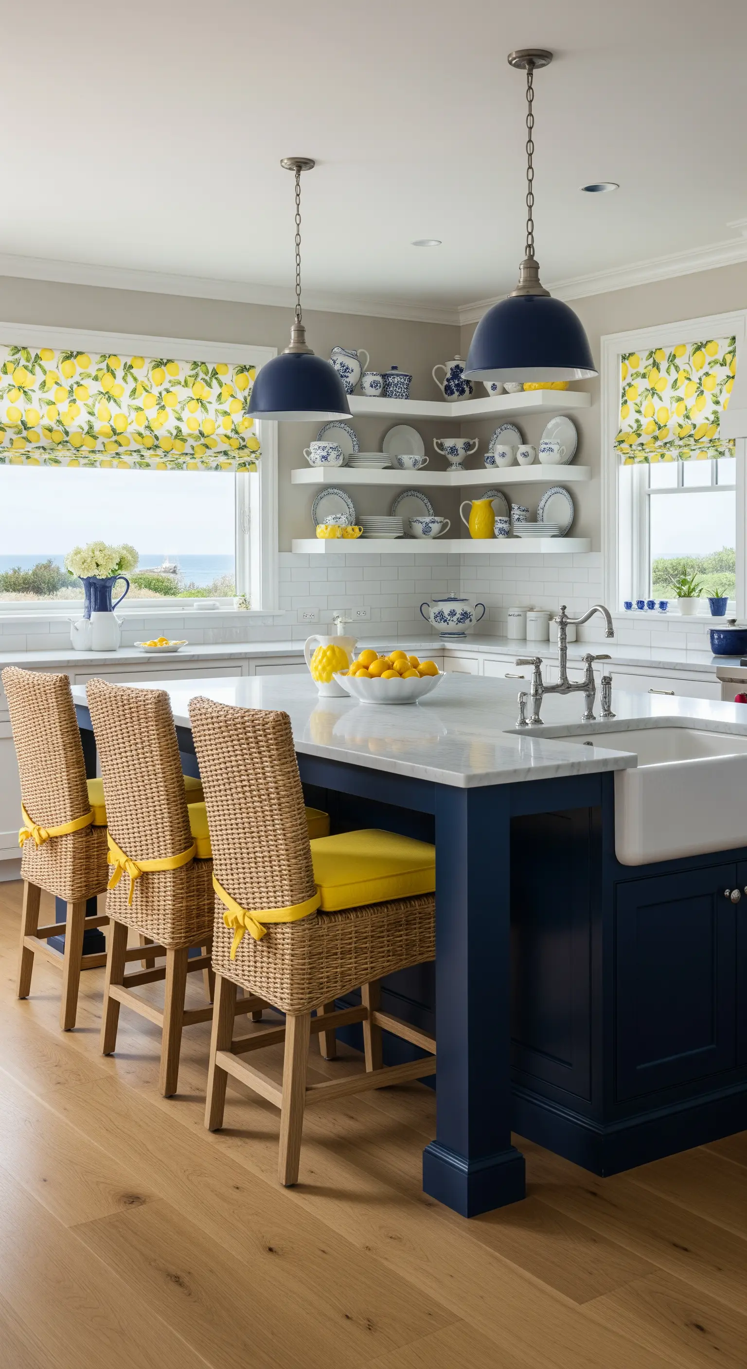 Küche mit blauer Insel, Rattan-Stühlen und Zitronen-Rollos