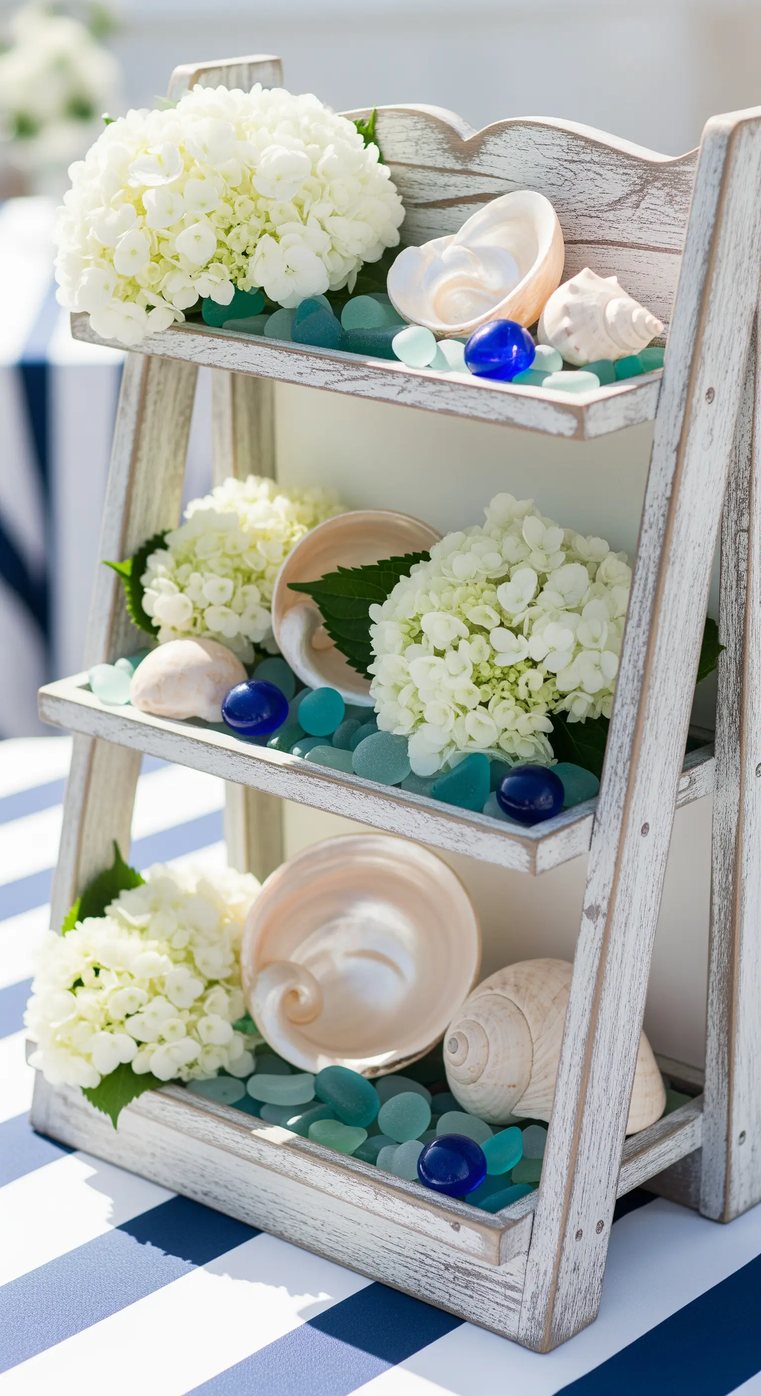Weiße Holz-Etagere im maritimen Stil mit Hortensien, Muscheln und Seeglas.