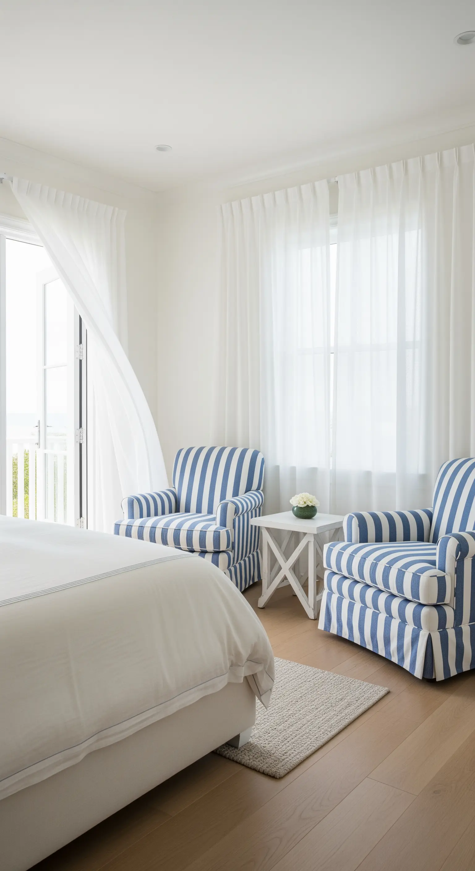 Helles Schlafzimmer mit zwei blau-weiß gestreiften Sesseln und Blick aufs Meer.