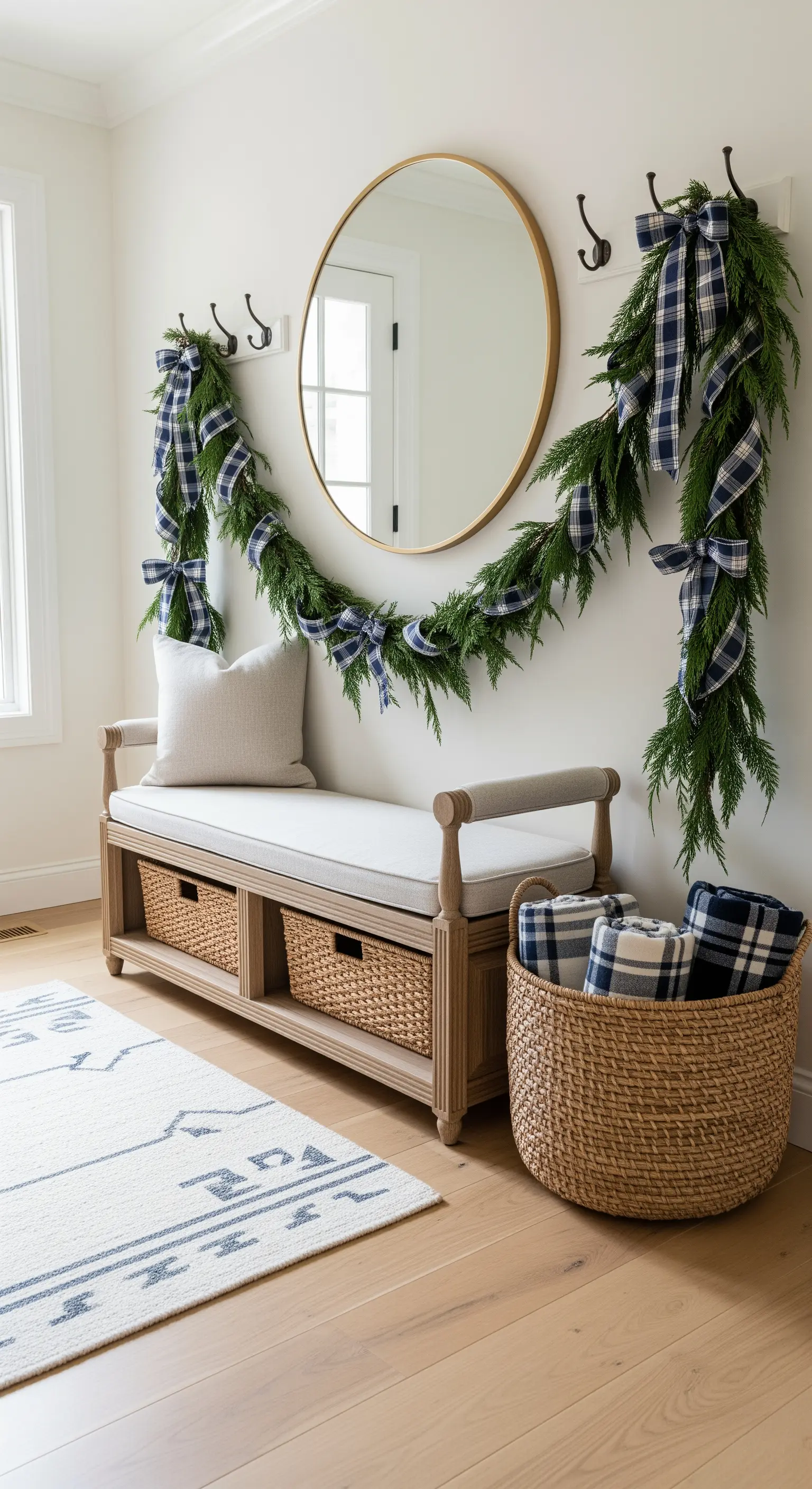 Eingangsbereich mit Tannen-Girlande und blau-weißem Karoband über Garderobe und Spiegel