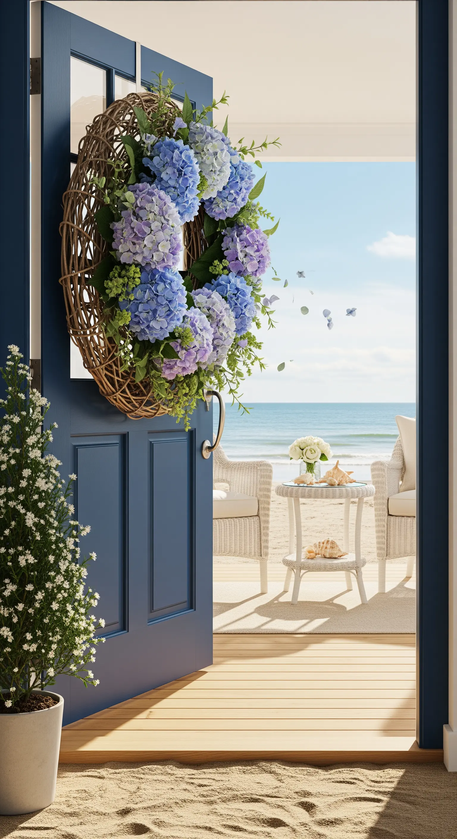 Großer Weidenkranz mit blauen und violetten Hortensien an einer dunkelblauen Tür mit Meerblick.