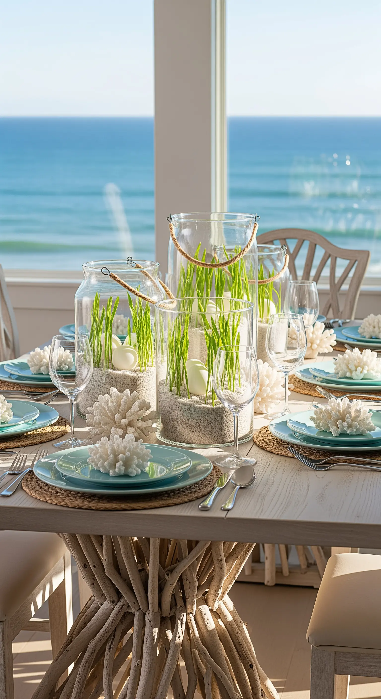 Maritime Ostertafel mit Sand, Gras in Glaszylindern und Korallendeko am Meer