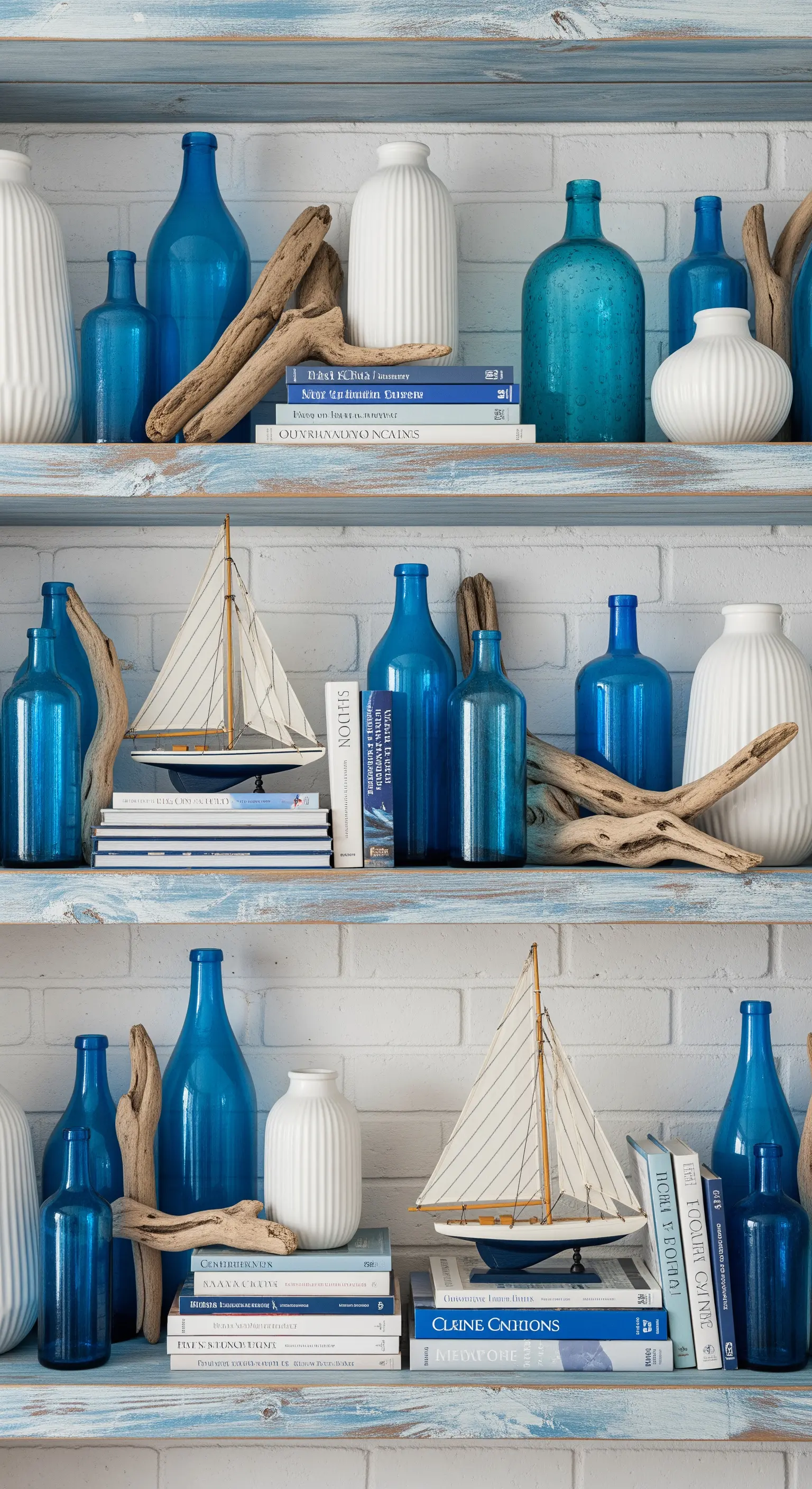 Regal mit blauen Glasflaschen, weißen Vasen, Treibholz und Schiffsmodellen