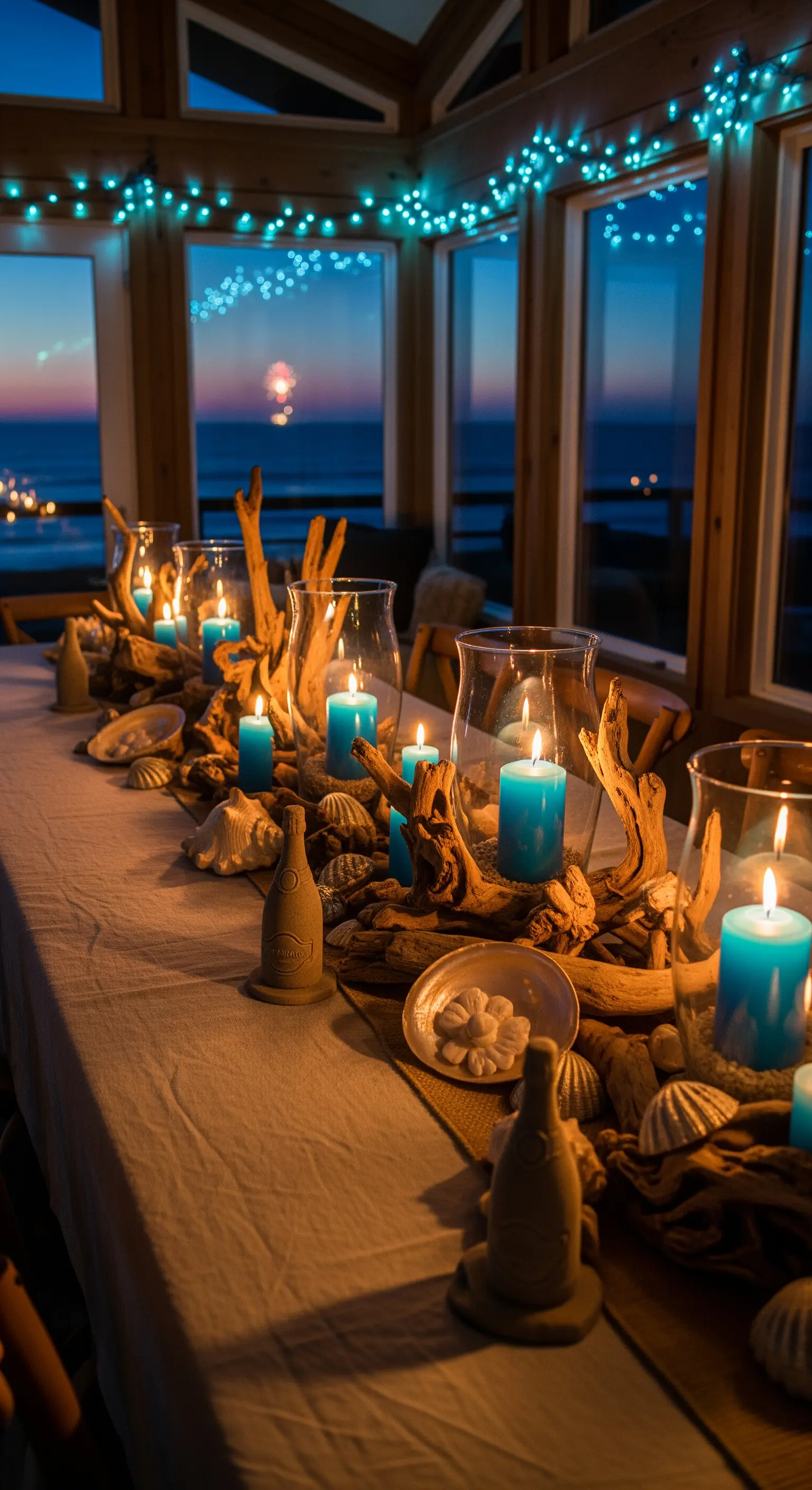 Strandtischdeko mit Treibholz, Muscheln, blauen Kerzen in Vasen und Lichterketten.