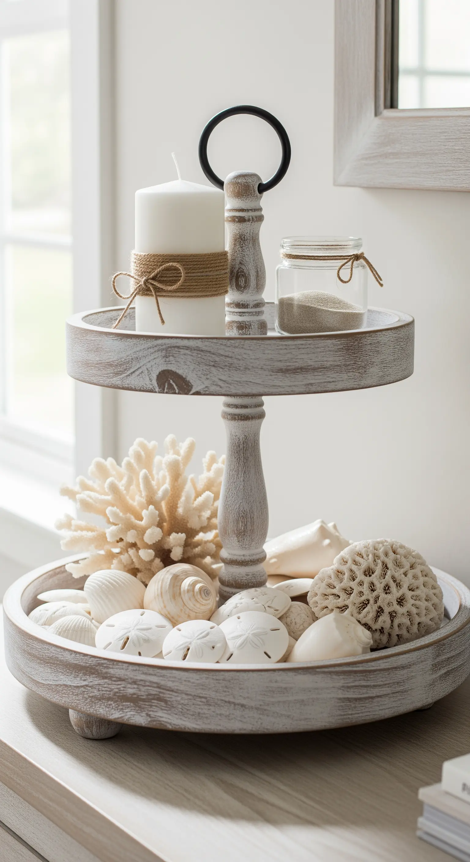 Zweistöckige Holz-Etagere mit maritimer Deko wie Muscheln, Korallen und Sand in neutralen Tönen.