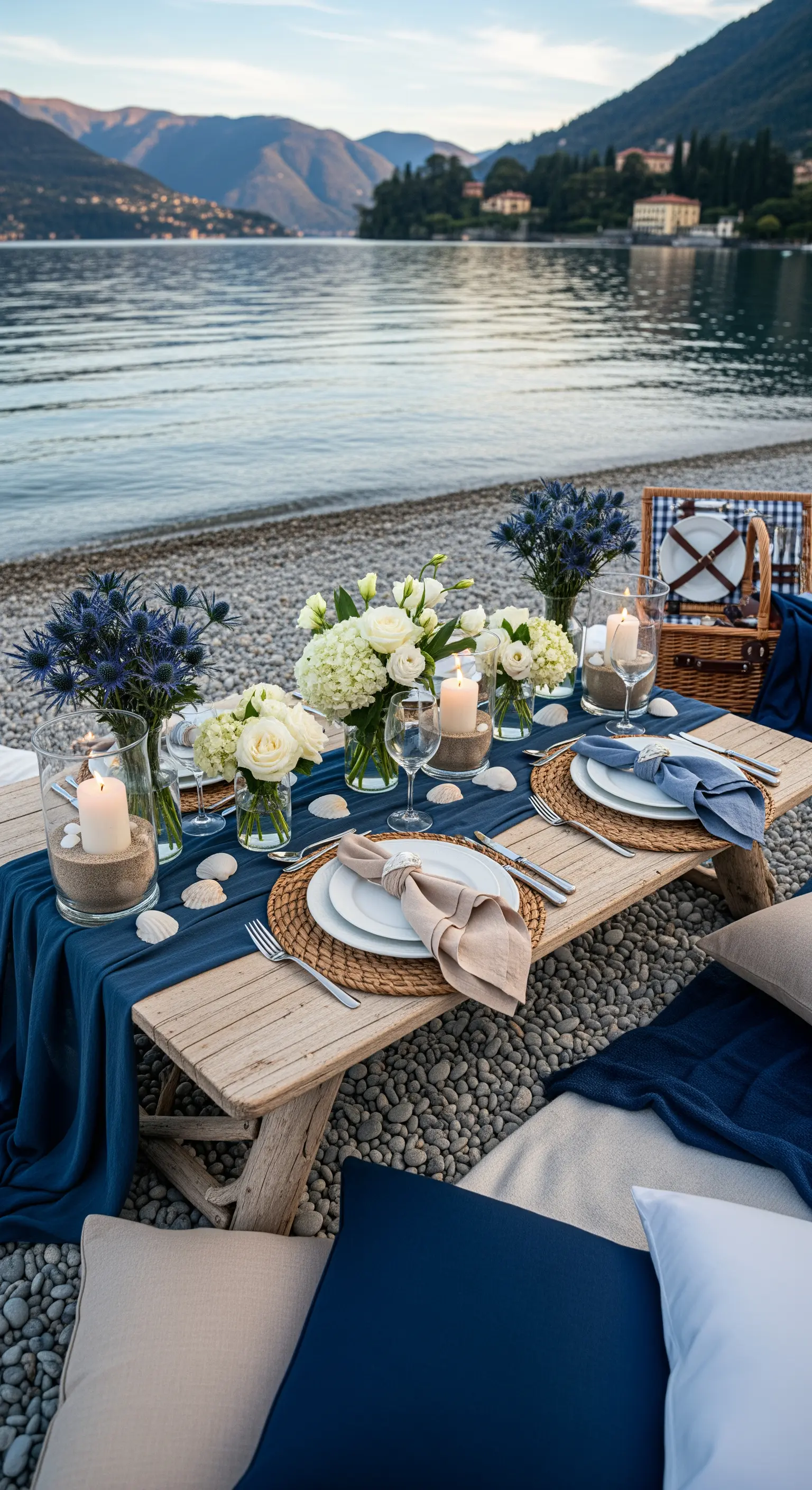 Seeufer-Tisch mit blauem Läufer, weißen Rosen, Disteln, Muschel-Kerzen und blauen Kissen.