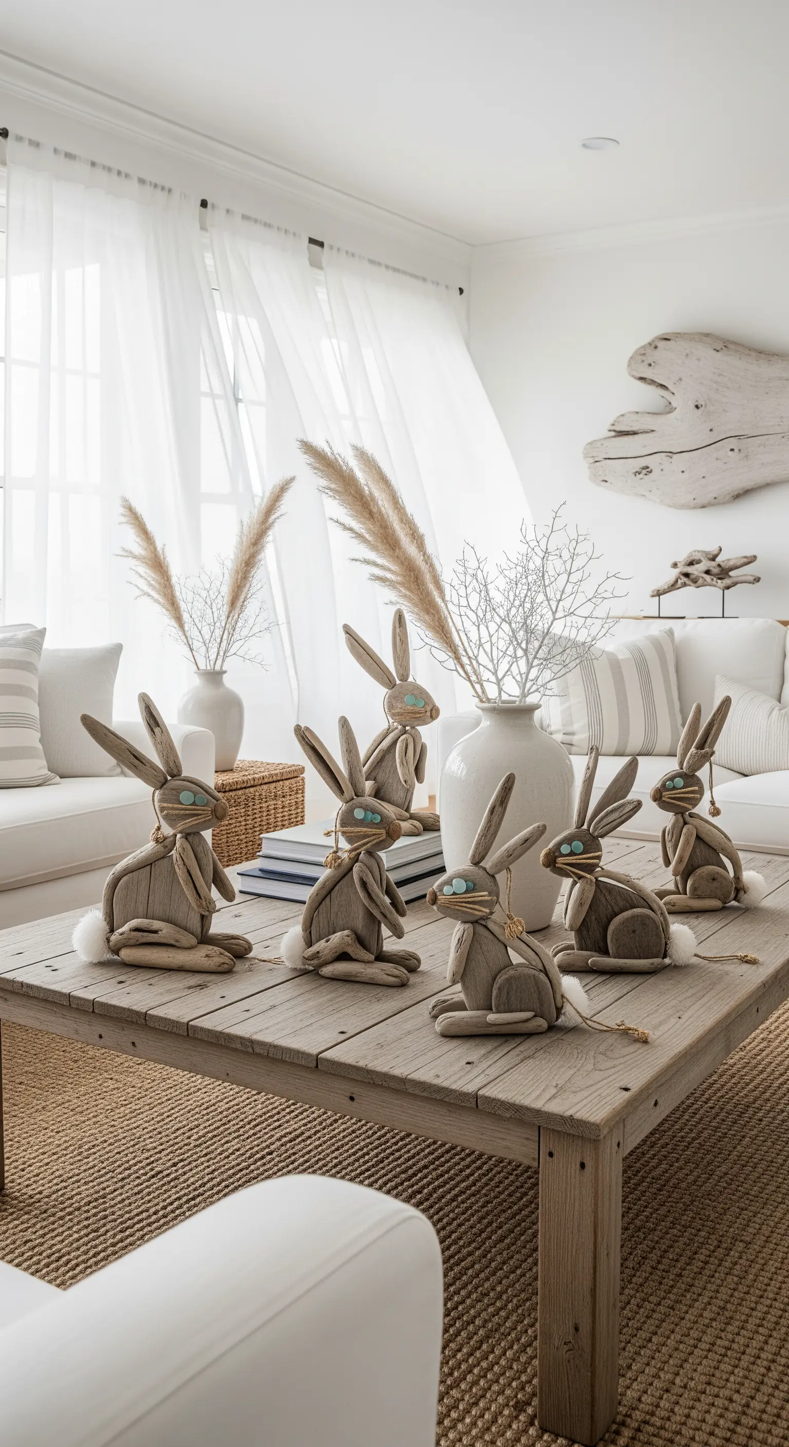 Treibholz-Hasen auf einem Holztisch im Wohnzimmer mit Küsten-Deko