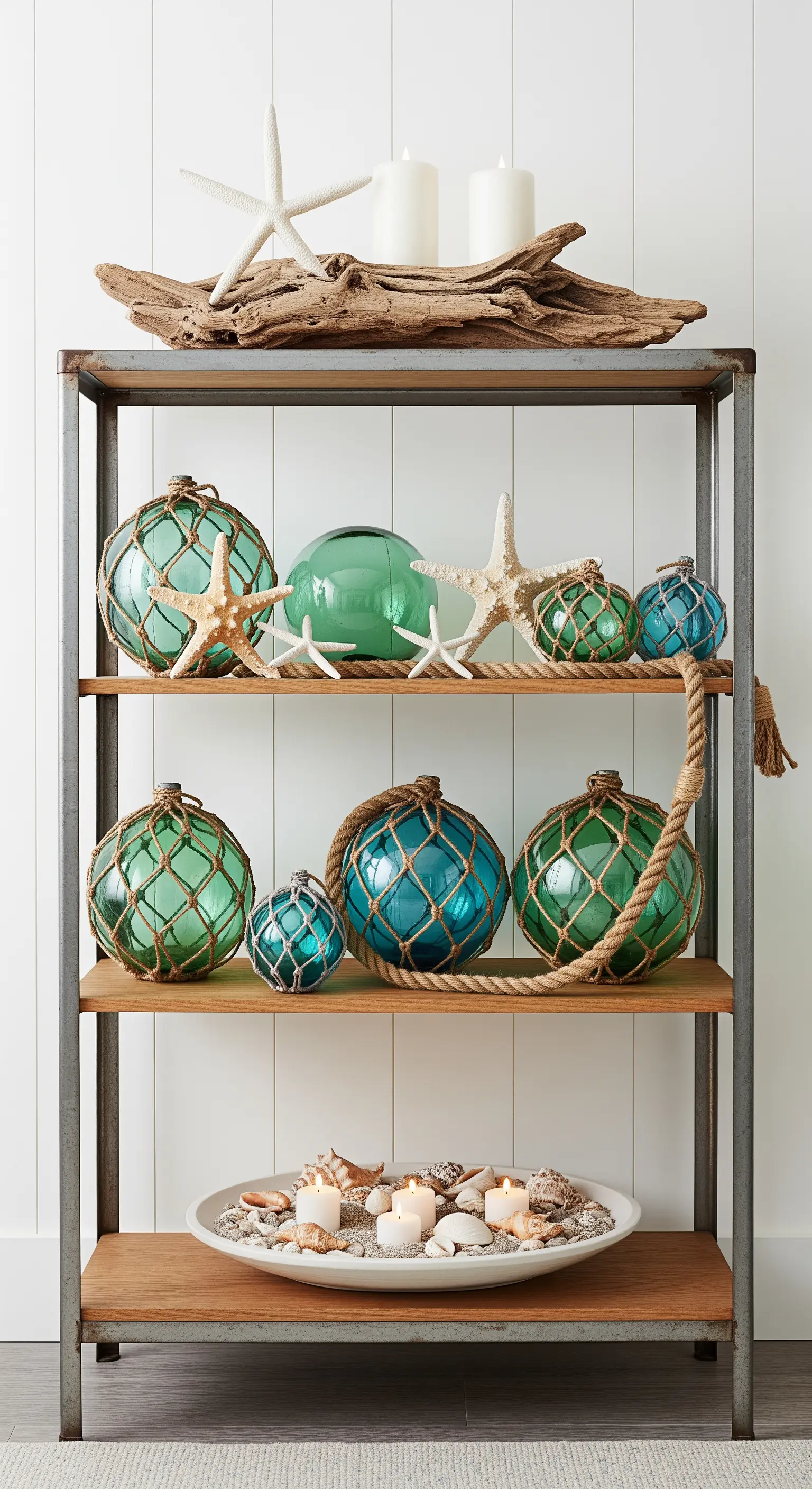Industrielle Etagere mit Glaskugeln im Fischernetz, Treibholz und Seesternen