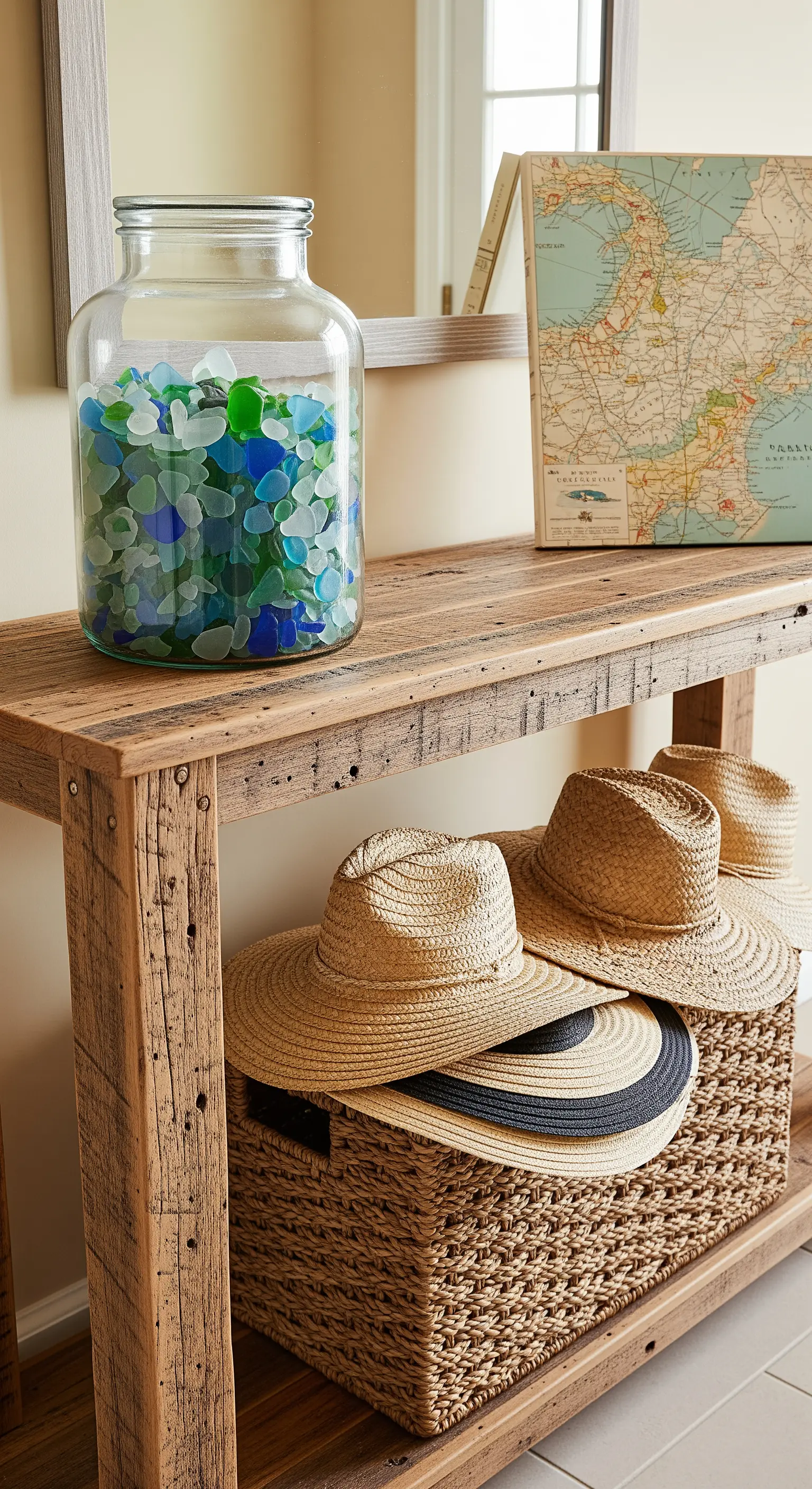 Eingangsbereich mit Holzkonsole, Glas mit Sea Glass, Strohhüten im Korb