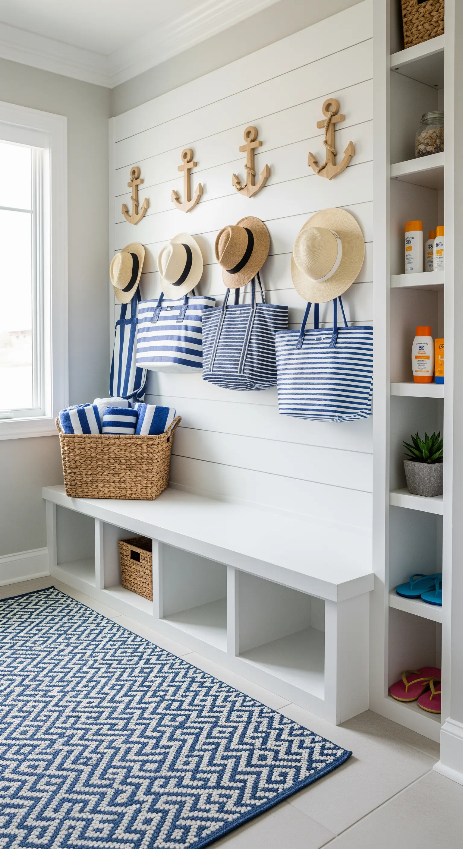 Eingangsbank mit Anker-Haken, gestreiften Taschen und maritimem Teppich