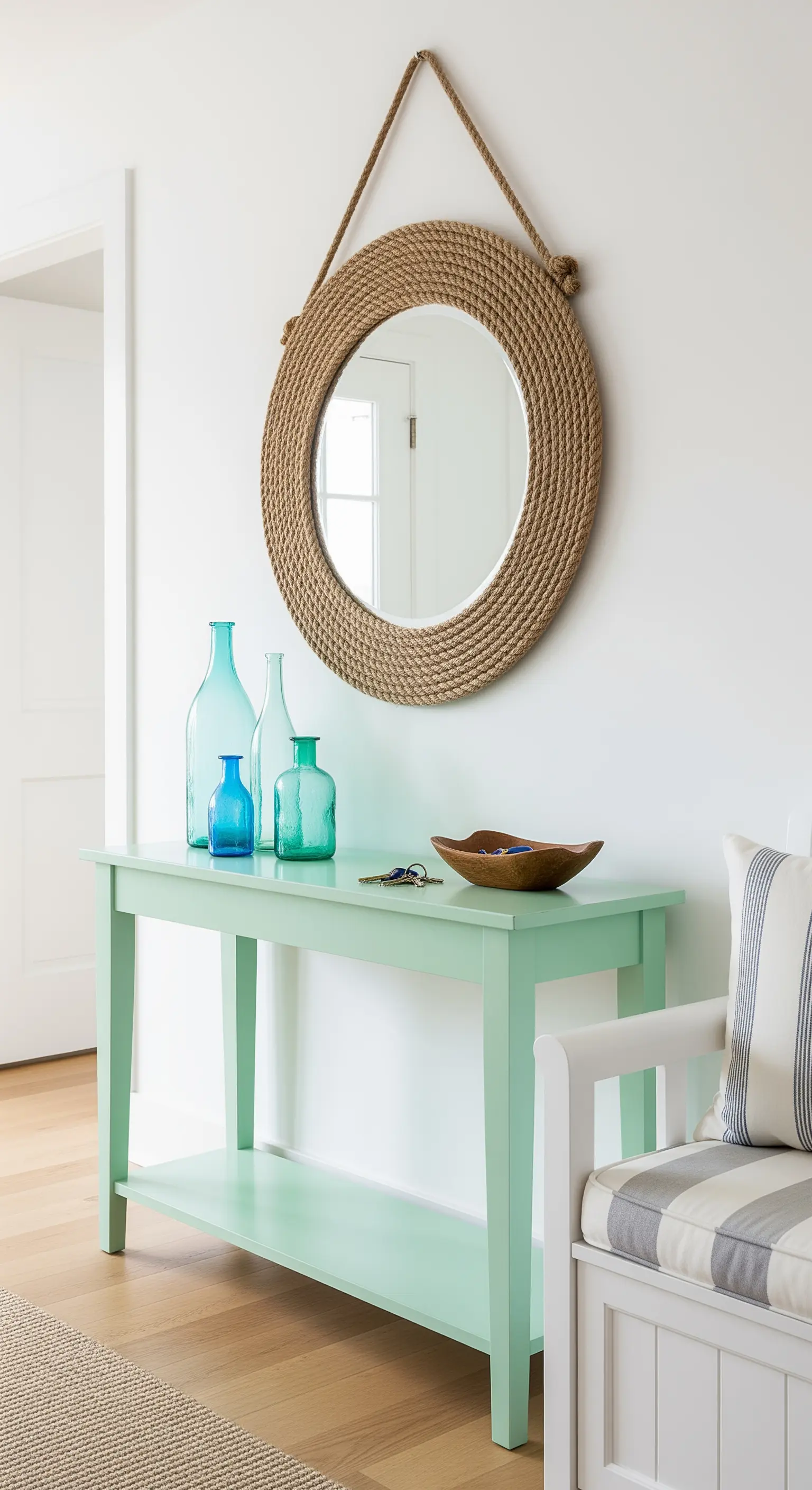 Eingangsbereich mit mintgrünem Konsolentisch, Seilspiegel und blauen Glasvasen