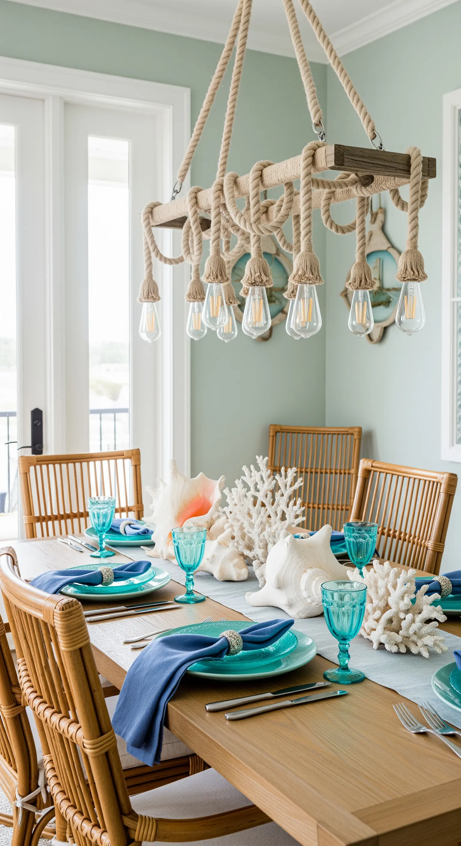 Esstisch mit Seil-Kronleuchter, Rattanstühlen und maritimer Deko
