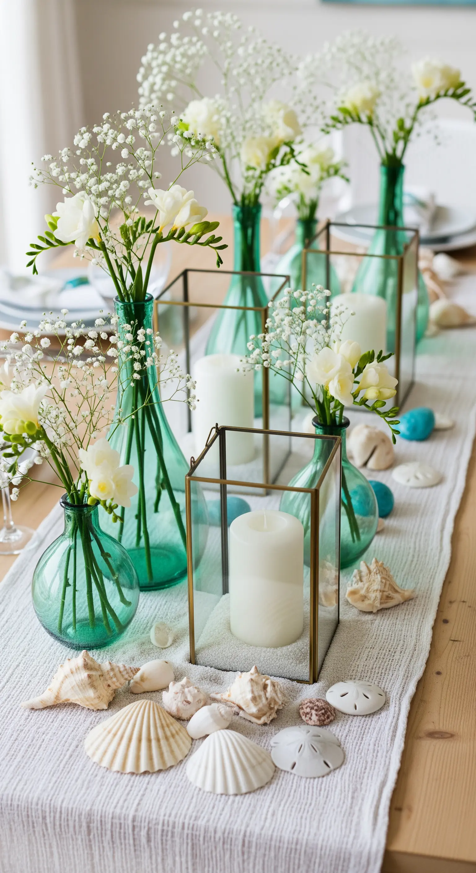Türkisfarbene Glasflaschen mit weißen Blüten, Kerzenlaternen und Muscheln