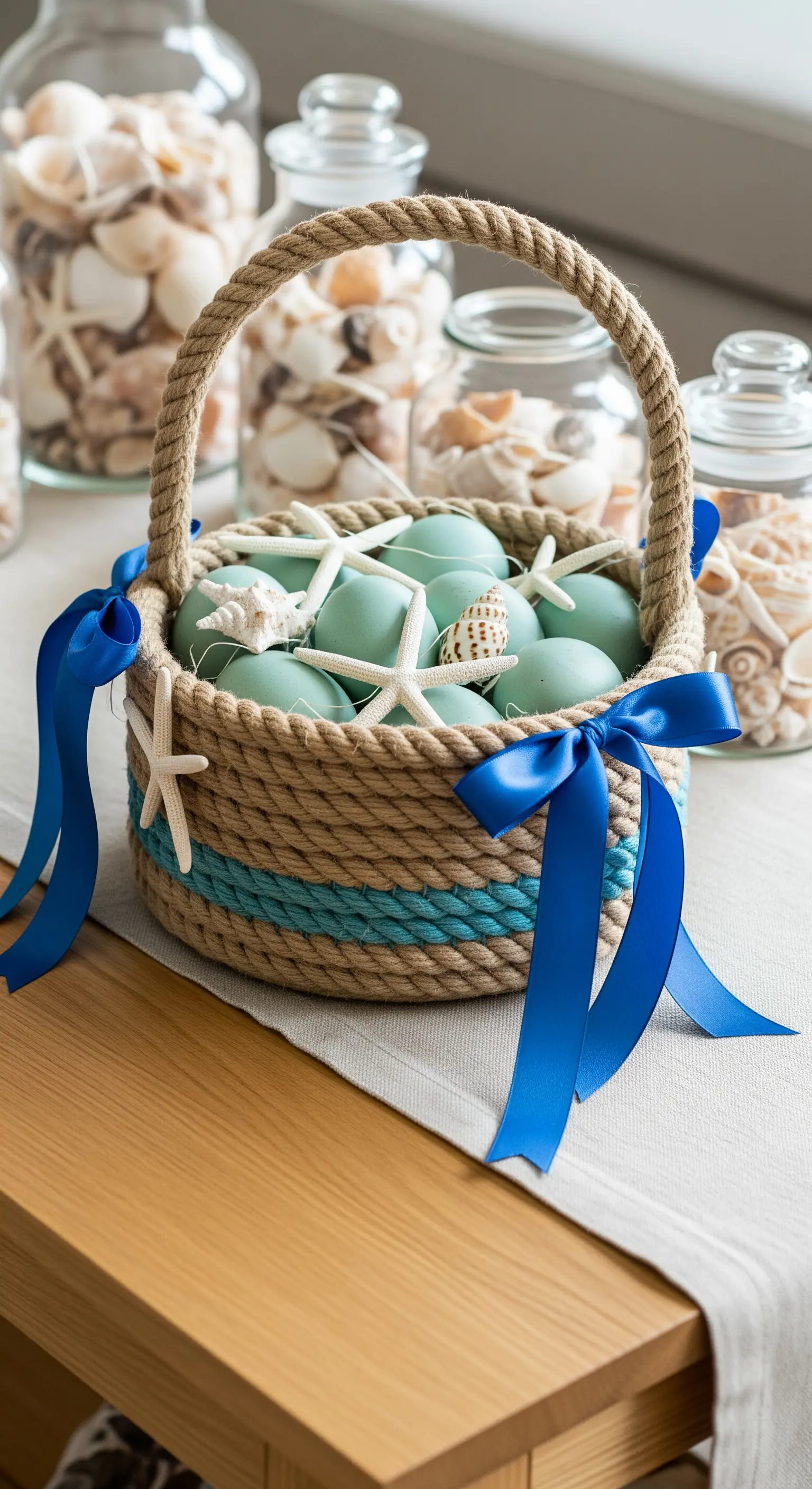 Maritimer Osterkorb mit Seil, türkisfarbenen Eiern, Seesternen und blauen Bändern