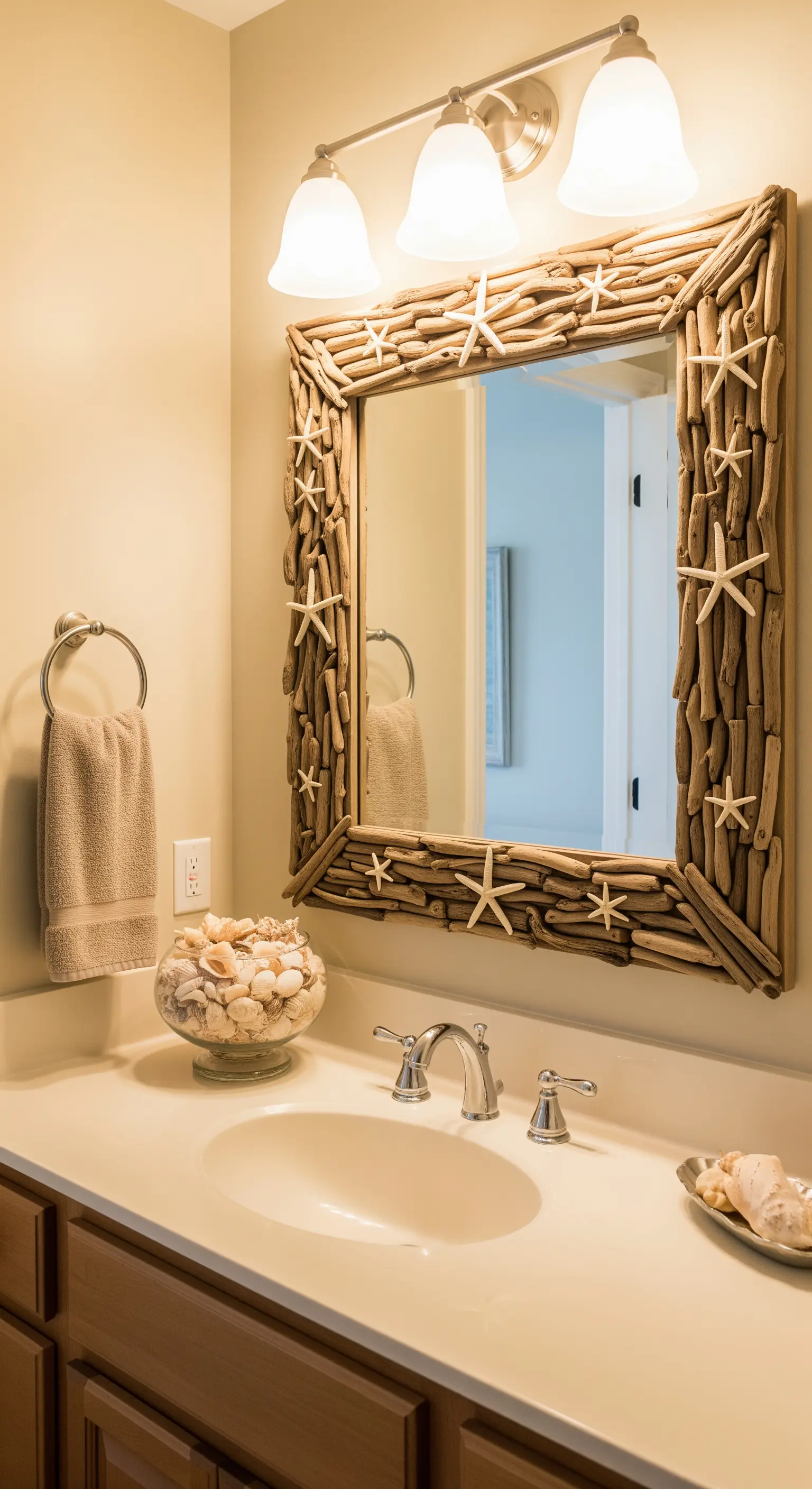 Driftwood-Spiegel mit Seesternen im Badezimmer mit Muscheldeko