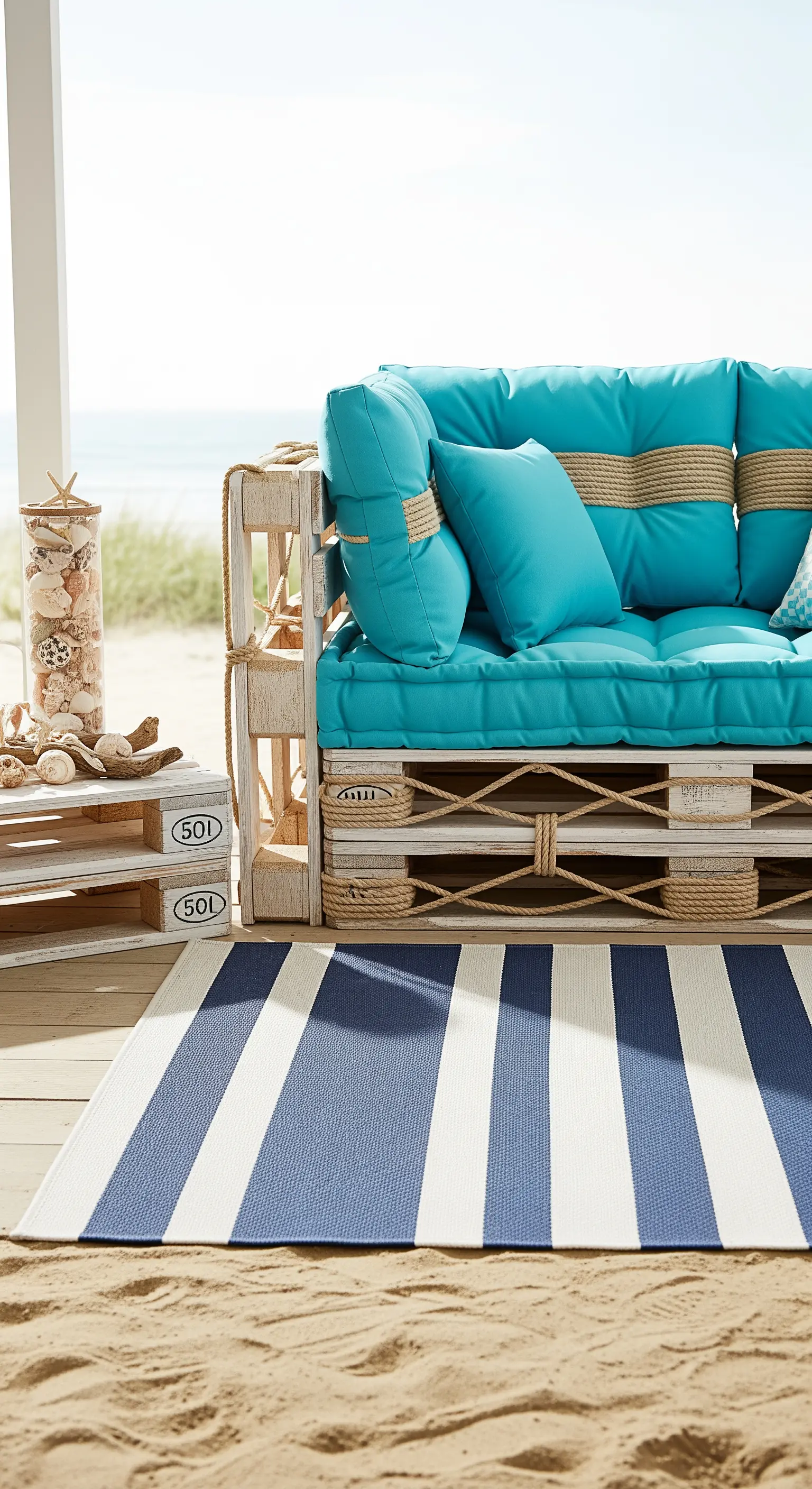 Weißes Palettensofa mit türkisen Kissen, Juteseilen und blau-weißem Streifen-Teppich am Strand.