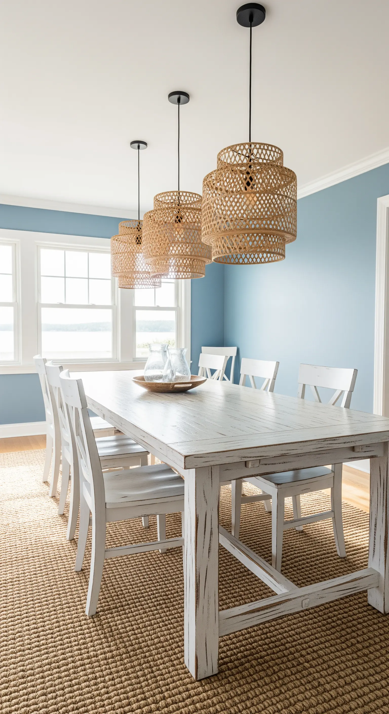 Esszimmer mit blauen Wänden, weißer Holztisch, drei Rattan-Leuchten, Jute-Teppich