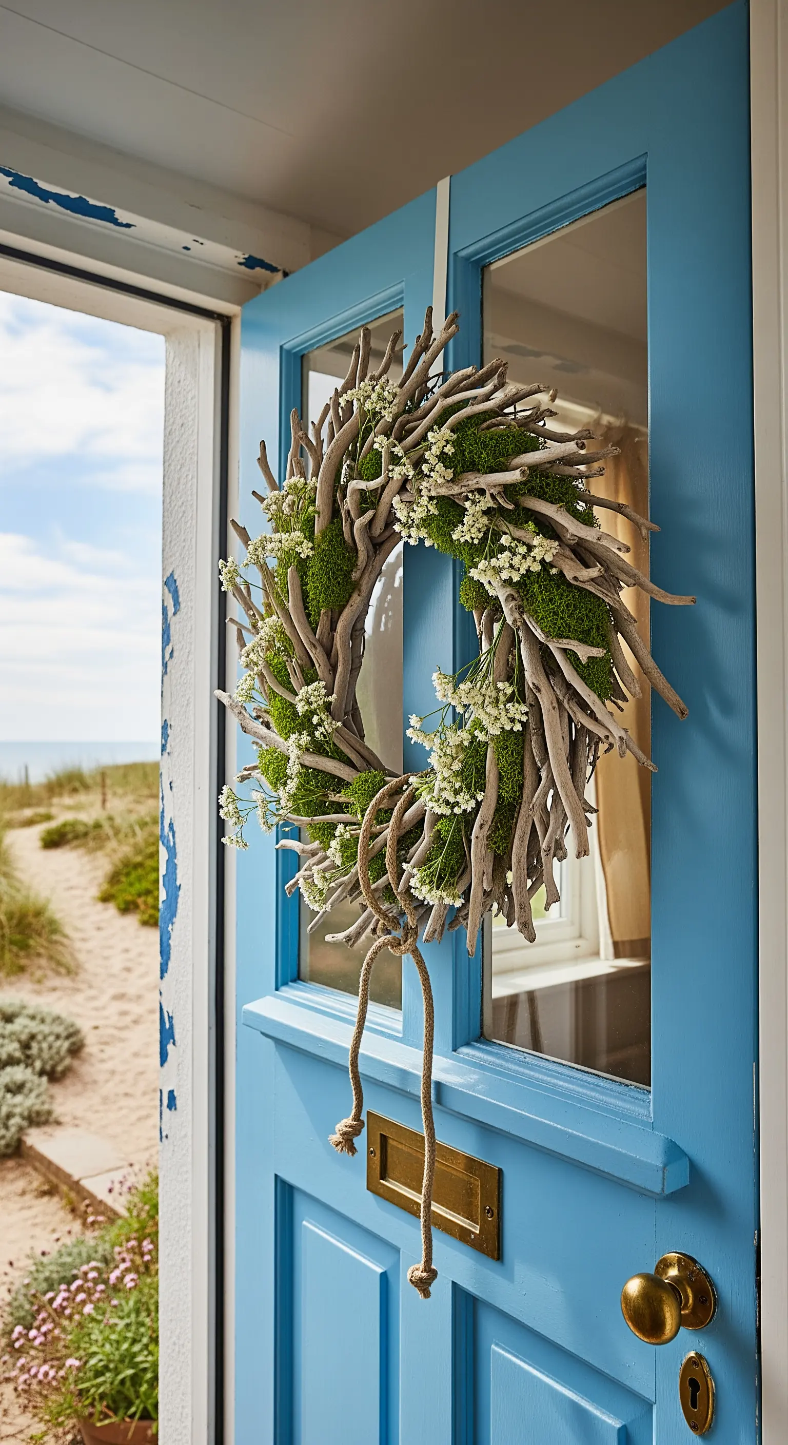 Treibholz-Kranz mit Moos und Schleierkraut an blauer Strandhaustür