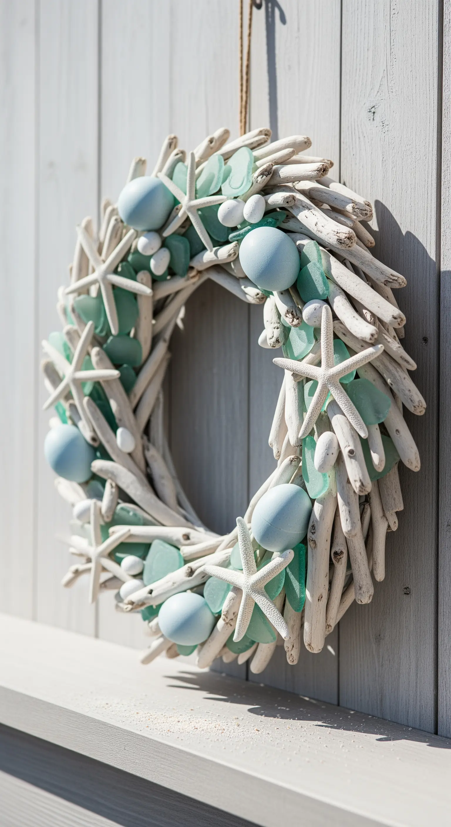 Treibholz-Kranz mit Seeglas, Seesternen und blauen Eiern