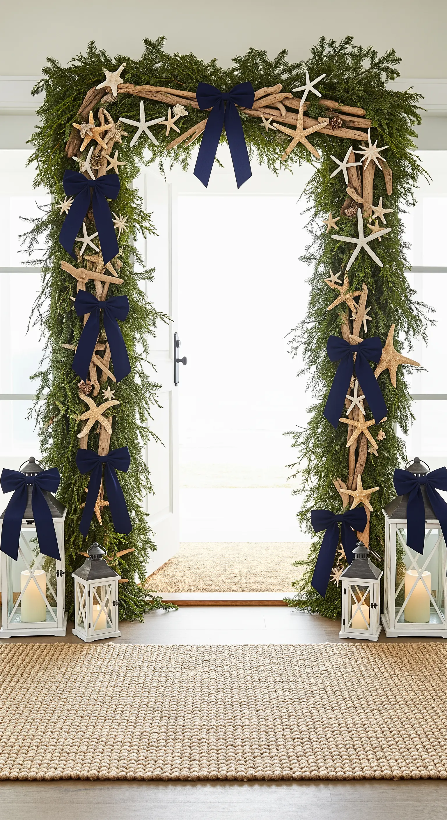 Eingangsbogen aus Tannengrün, Treibholz, Seesternen und dunkelblauen Schleifen.