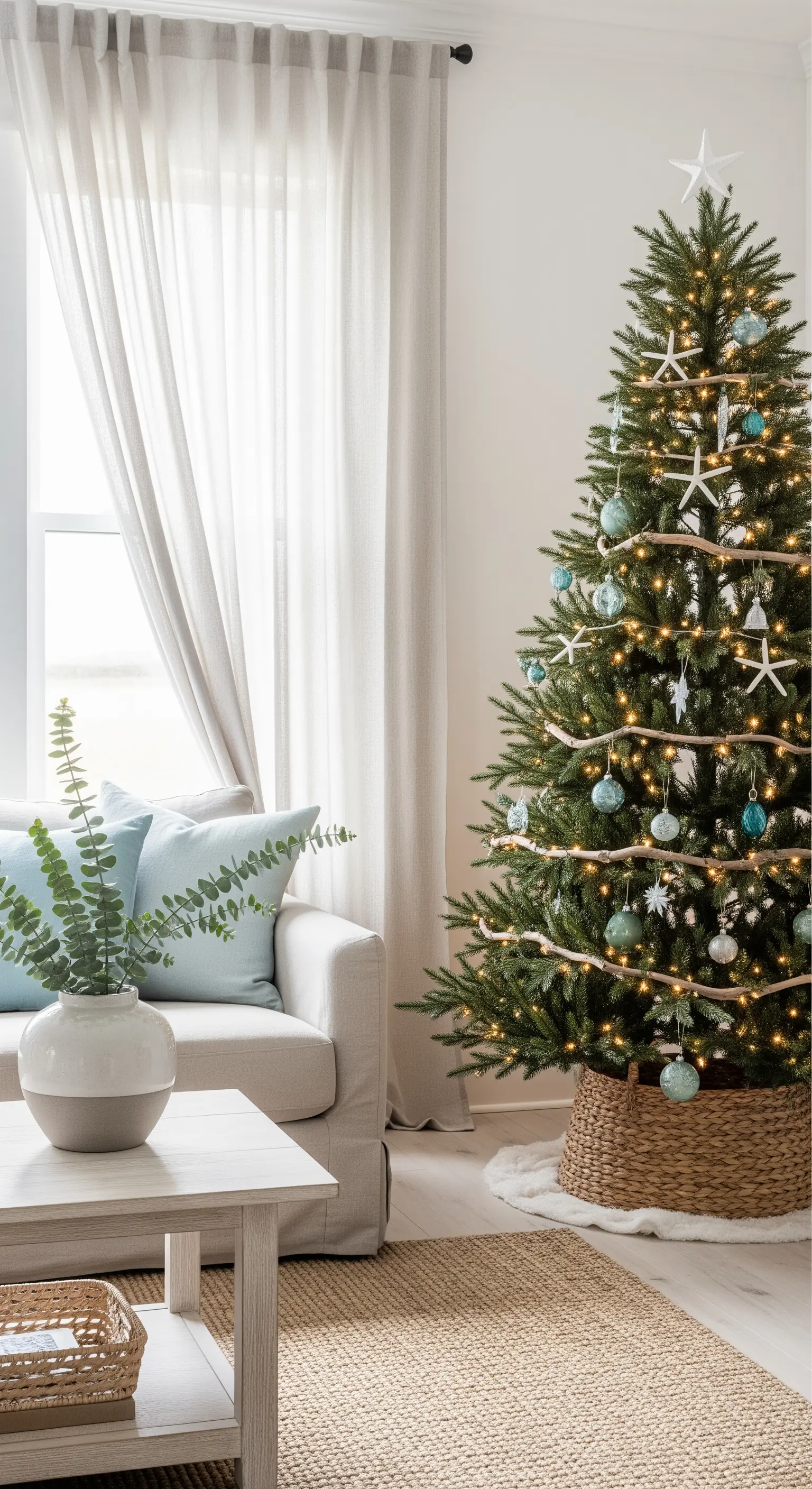 Maritime Weihnachtsdeko, Seesterne, blauer Schmuck, Korb, Küstenstil