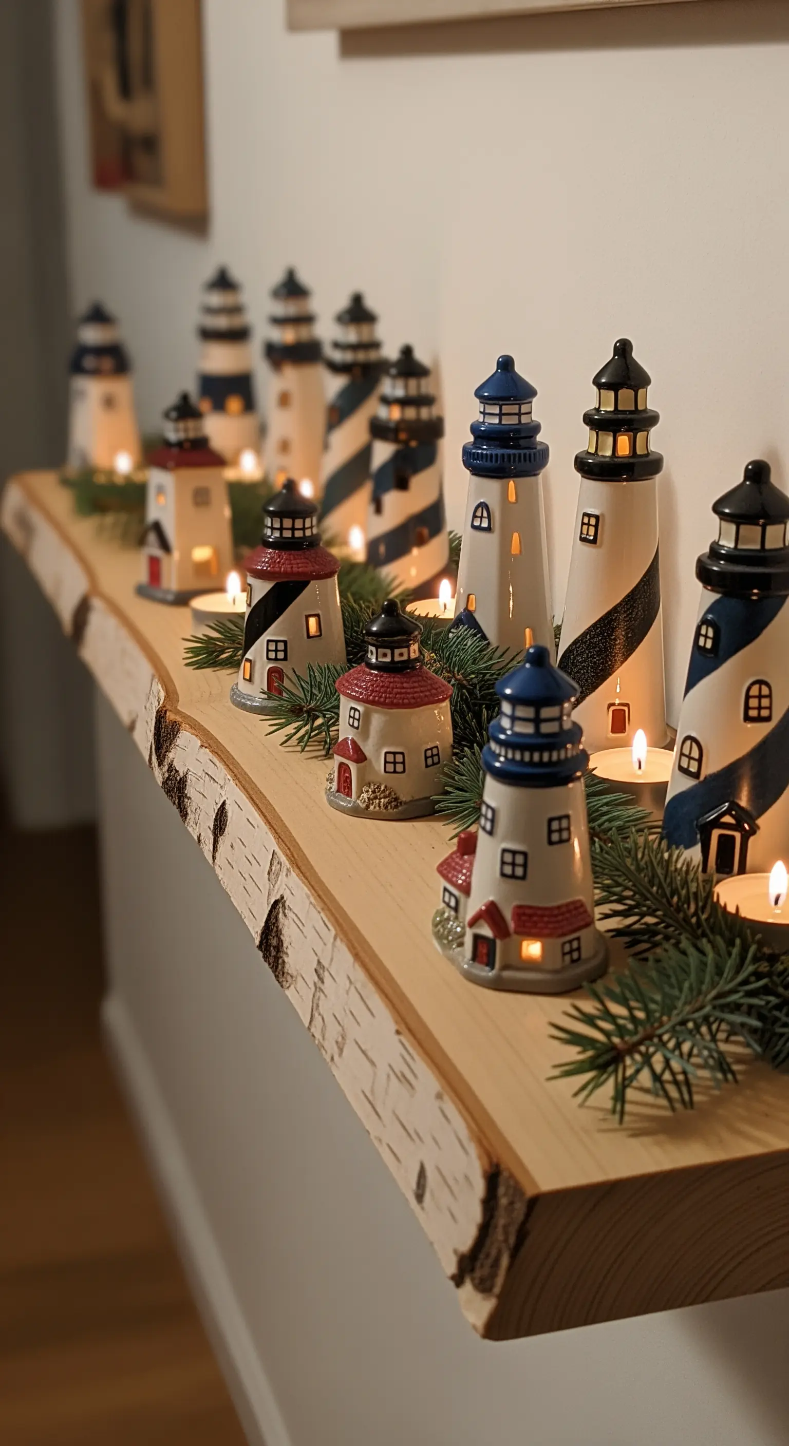 Treibholzregal mit Mini-Leuchttürmen, Teelichtern und Tannenzweigen