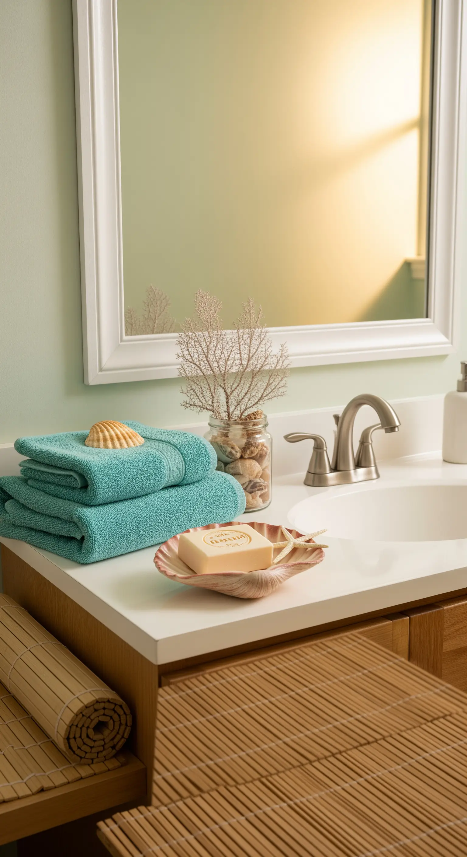 Badezimmer mit türkisen Handtüchern, Muschel-Seifenschale, Muscheldeko