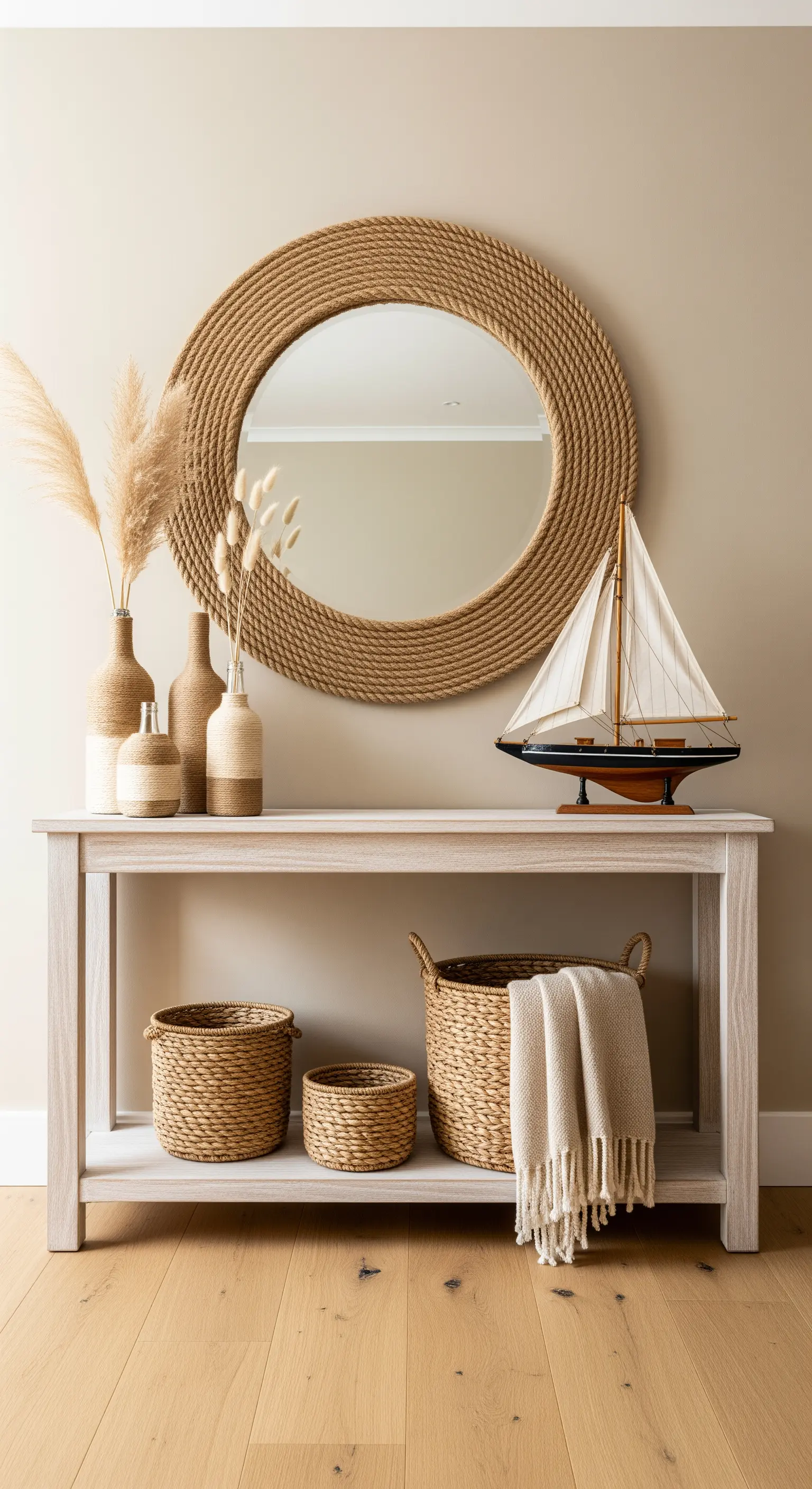 Eingangsbereich mit Tau-Spiegel, Schiffsmodell und Korbtaschen
