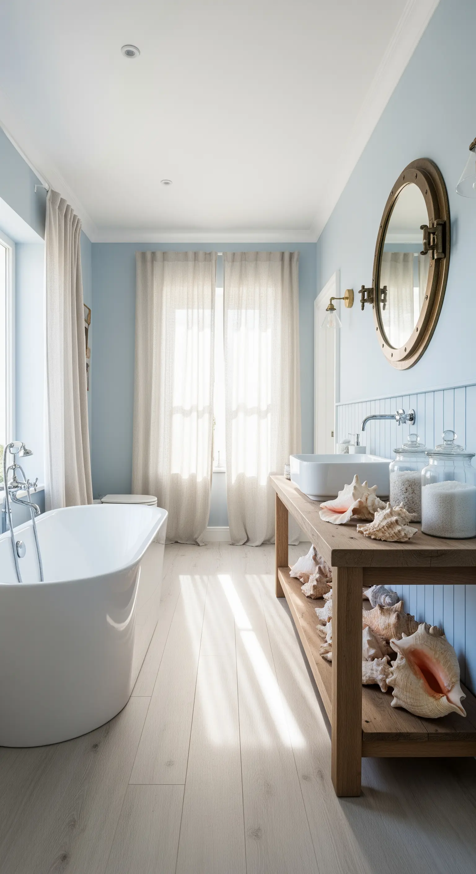 Helles maritimes Badezimmer mit Holz-Waschtisch, Muscheln, Bullaugen-Spiegel und freistehender Badewanne.