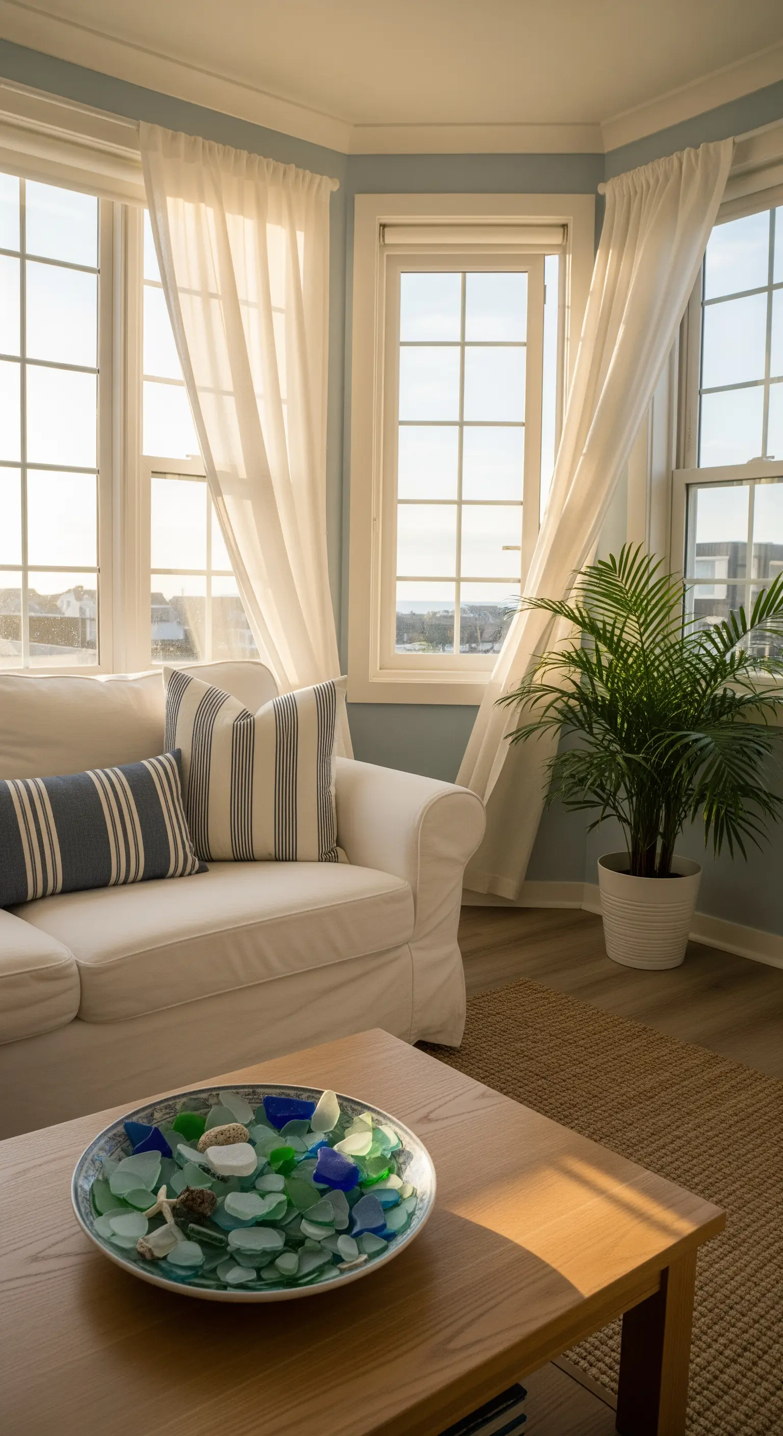 Helles Wohnzimmer mit maritimer Deko, weißem Sofa, blauen Kissen und Palmenpflanze.