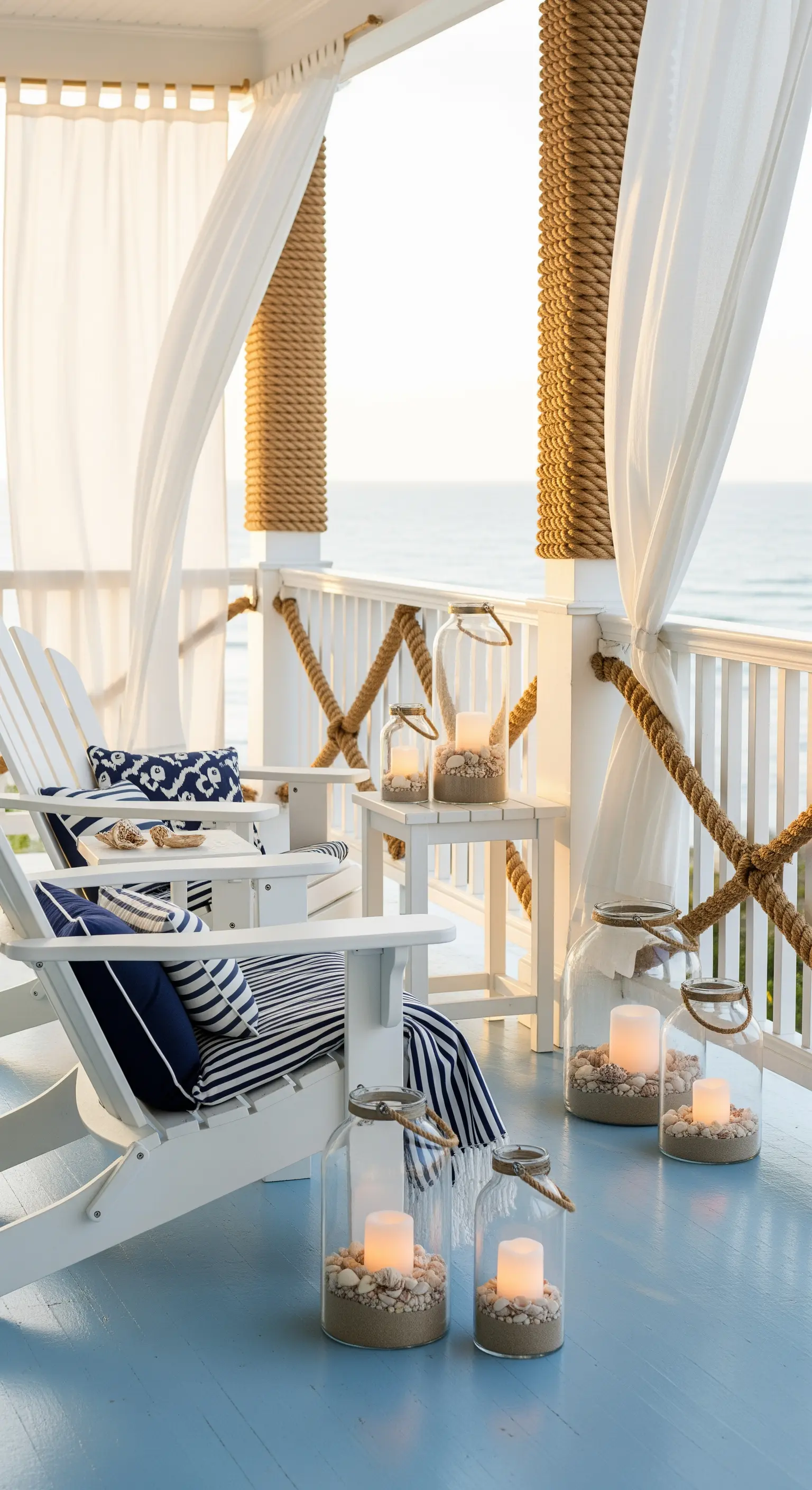 Maritime Veranda mit weißen Adirondack-Stühlen, Seil-Dekoration und Laternen mit Muscheln