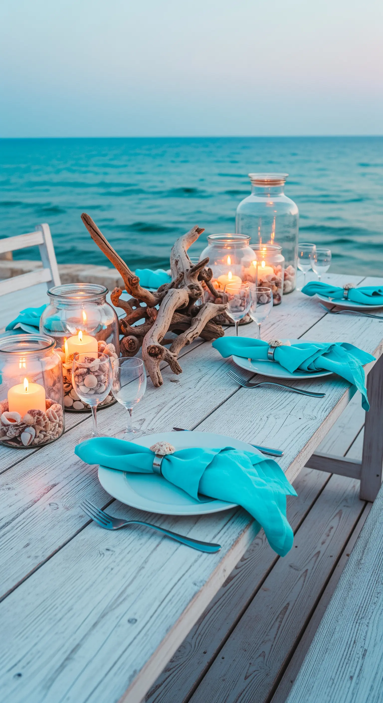 Weißer Holztisch mit Treibholz, Muschel-Kerzengläsern und türkisfarbenen Servietten am Meer.