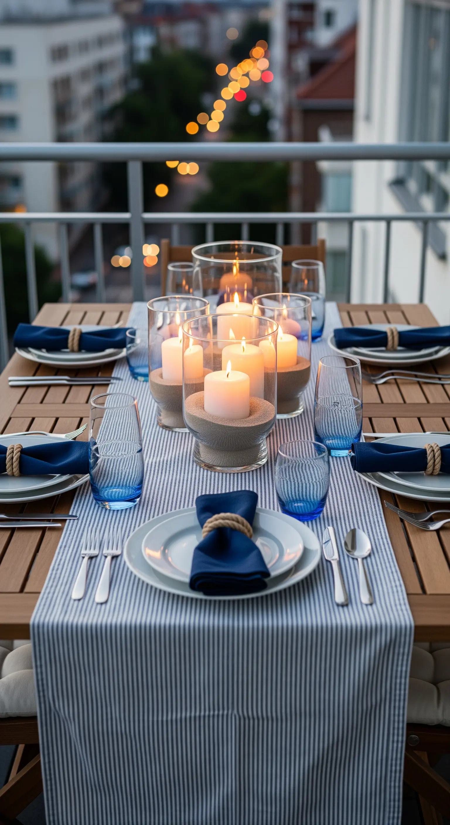 Tischdeko auf Balkon mit Windlichtern, Sand und Kerzen im maritimen Stil.