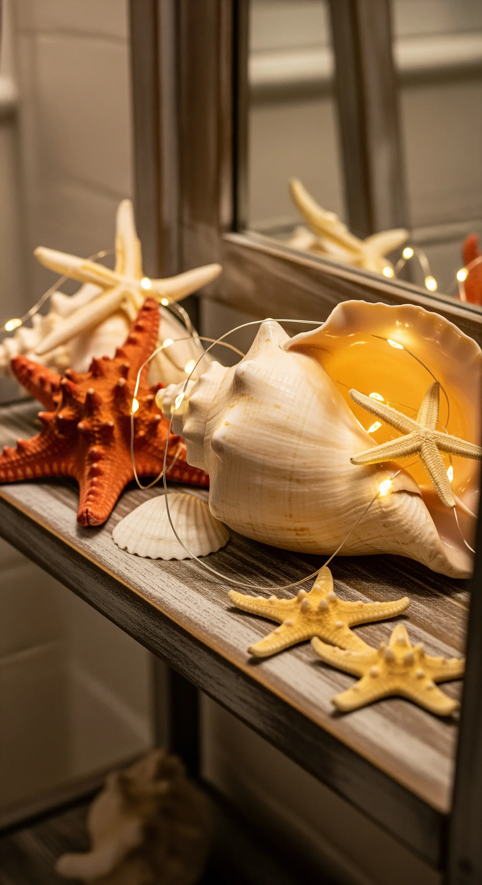 Ein Regal mit Muscheln und Seesternen, in die eine feine Lichterkette eingewoben ist.