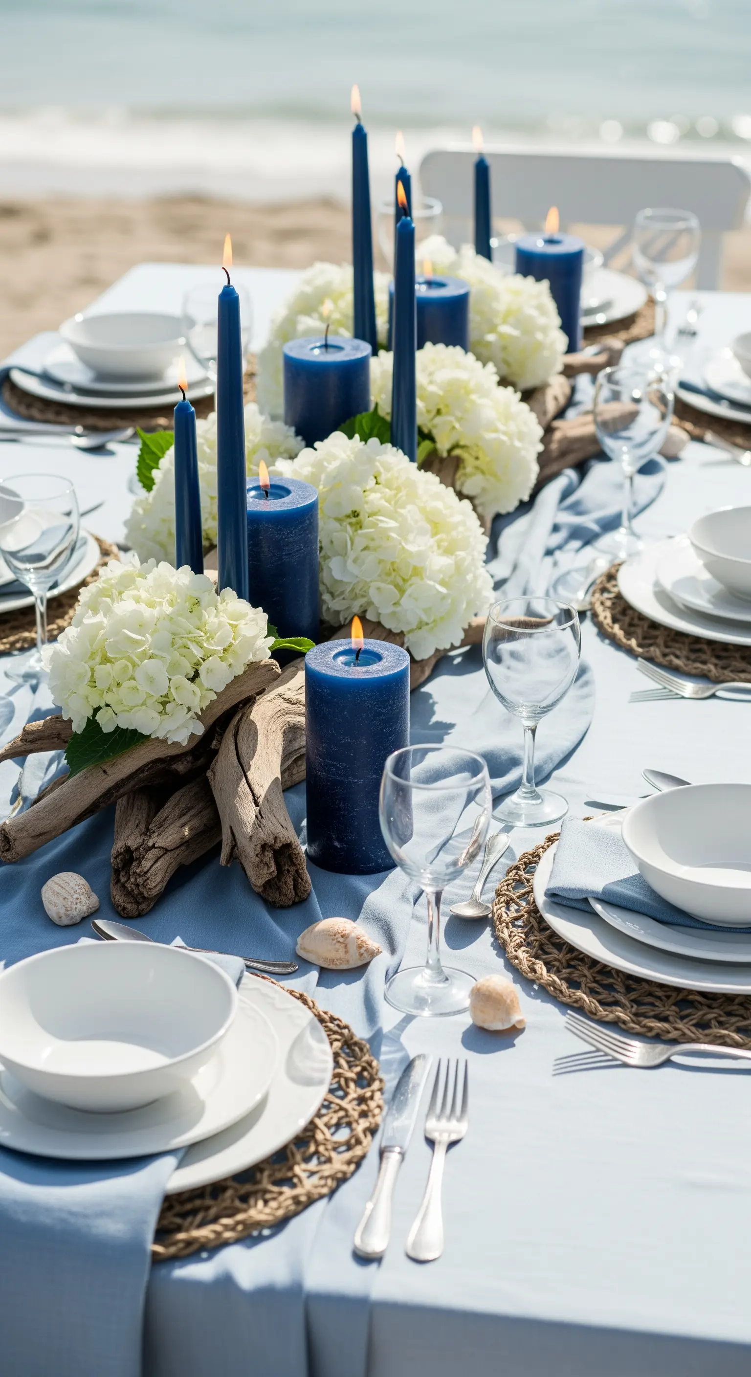 Maritim inspirierte Osterdeko: Blaue Kerzen, weiße Hortensien und Treibholz