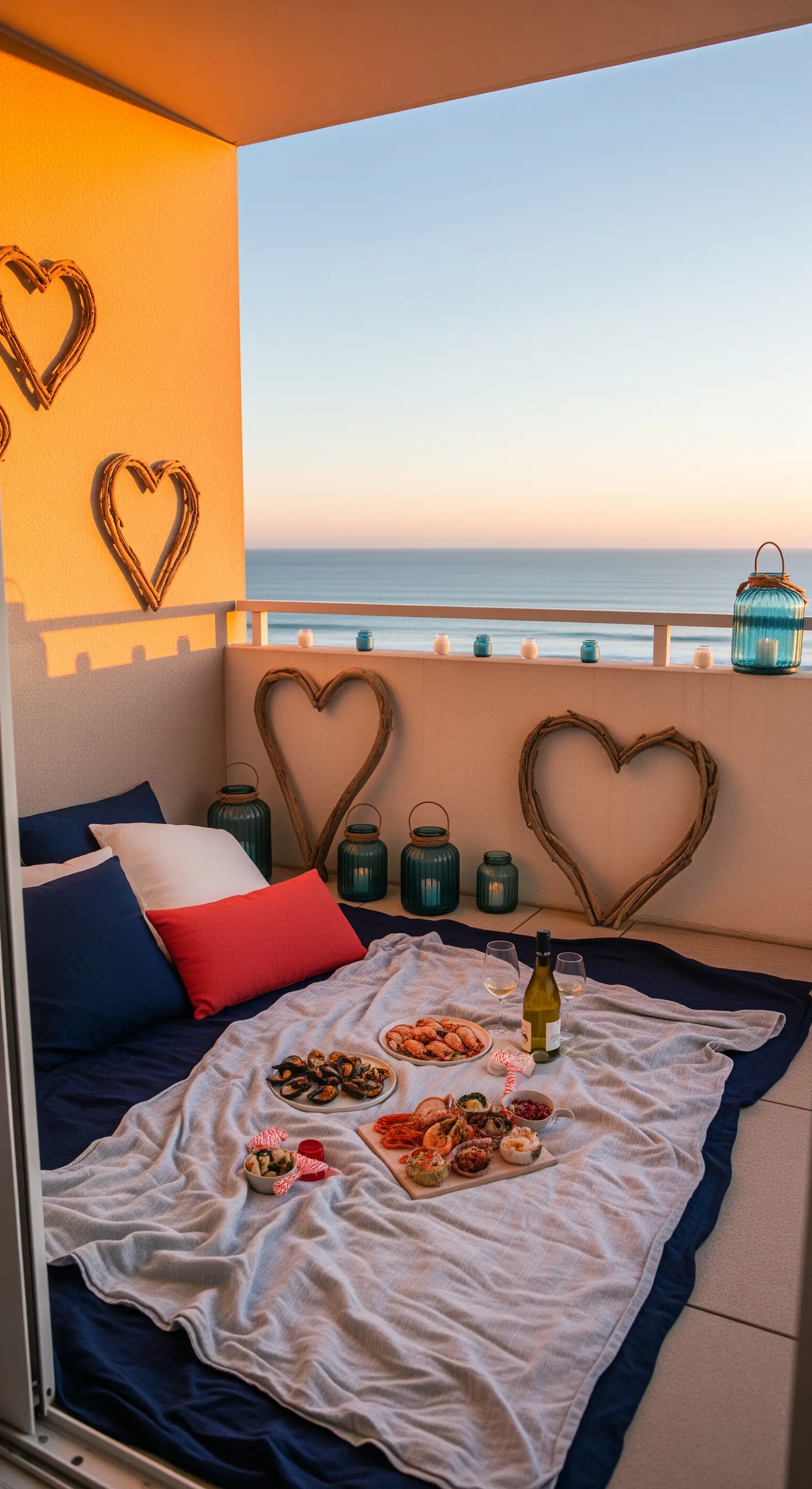 Maritimer Balkon mit blau-weißer Deko, Treibholzherzen, blauen Laternen und Meerblick.