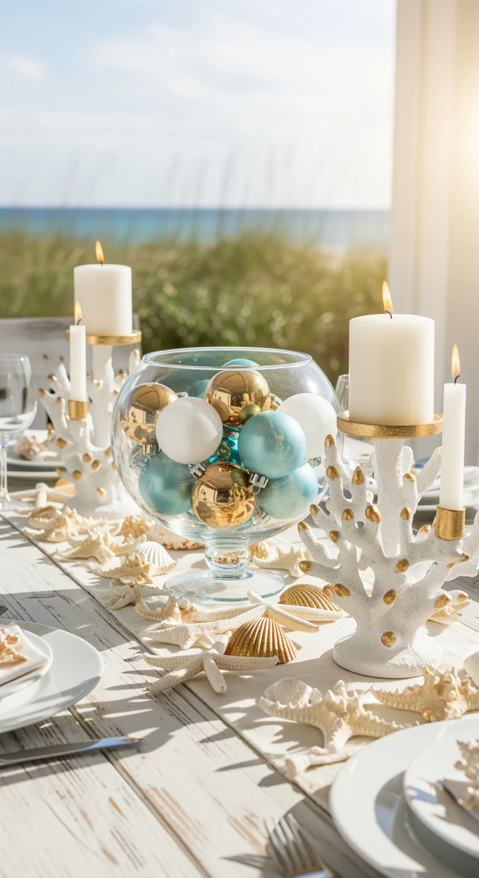 Maritimes Weihnachtsessen mit blauen und goldenen Kugeln, Korallen und Seesternen