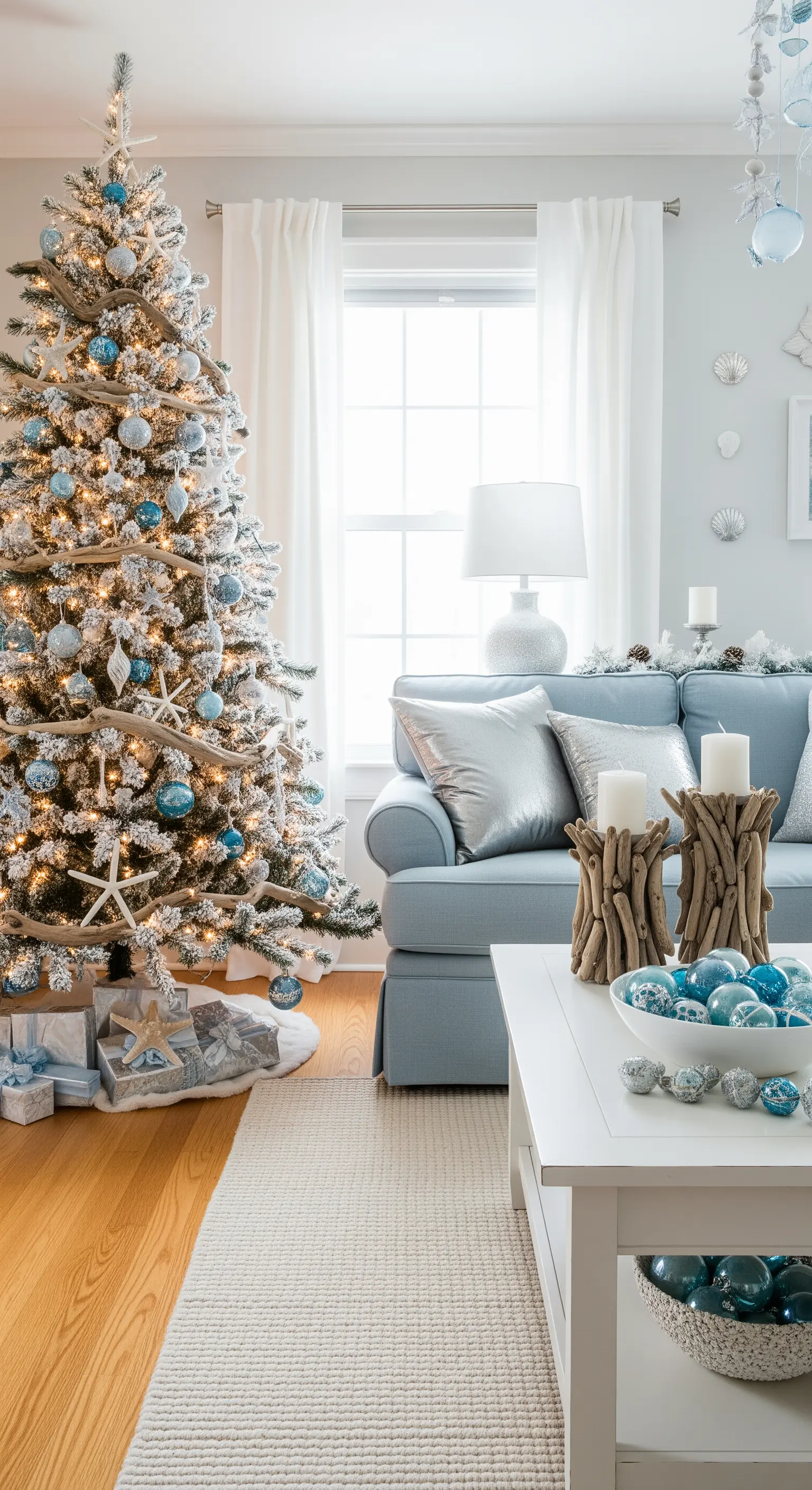 Maritimes Wohnzimmer mit blauem Sofa, geflocktem Weihnachtsbaum in Türkis/Silber und Treibholzdeko.