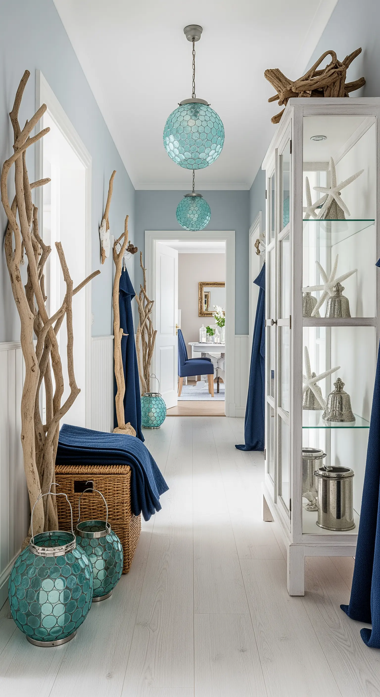 Maritimer Flur mit Treibholz, blauen Laternen, Seestern-Deko und hellblauen Wänden