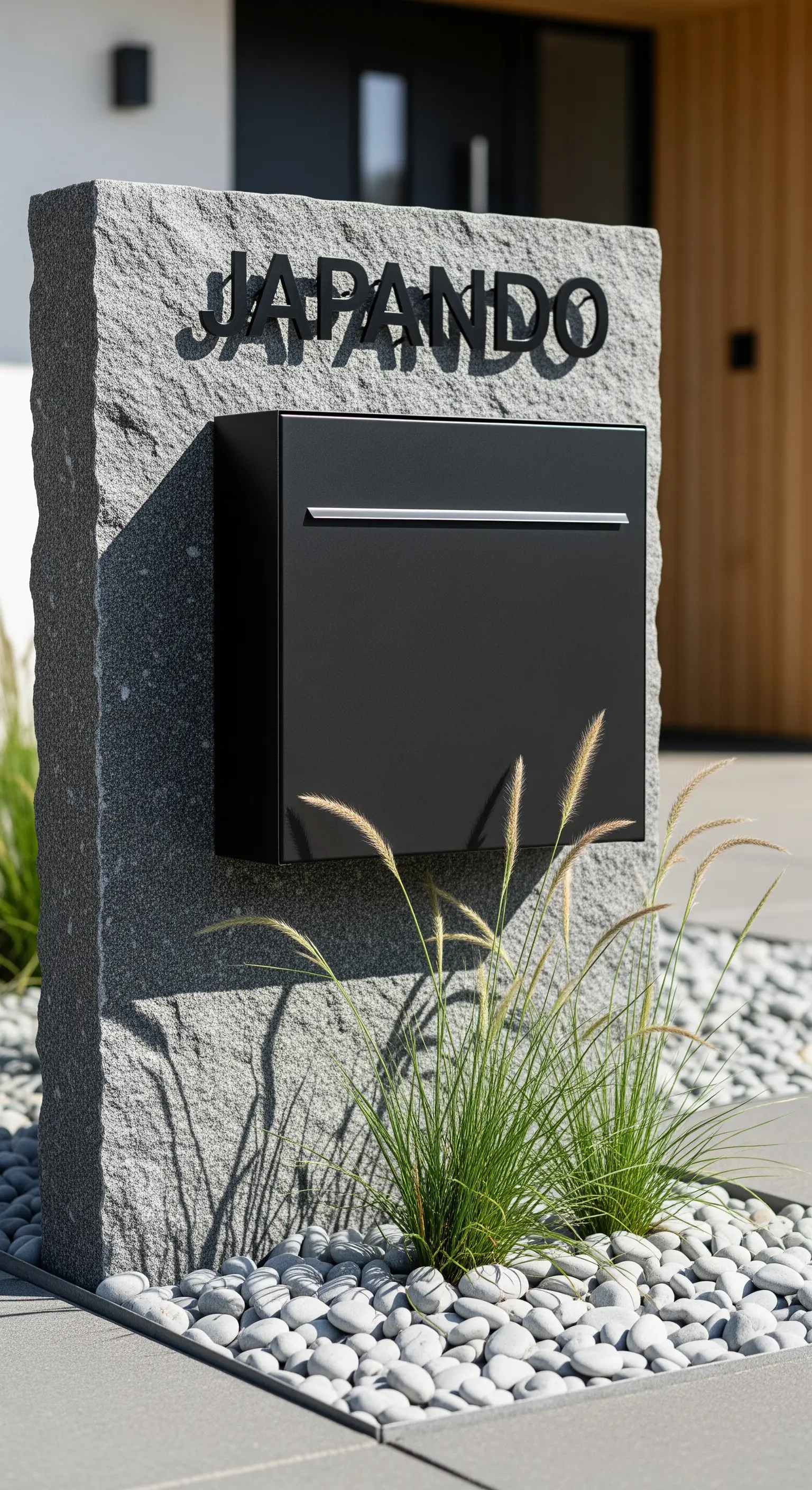 Moderner Briefkasten auf Steinstele mit Ziergras und weißen Kieselsteinen