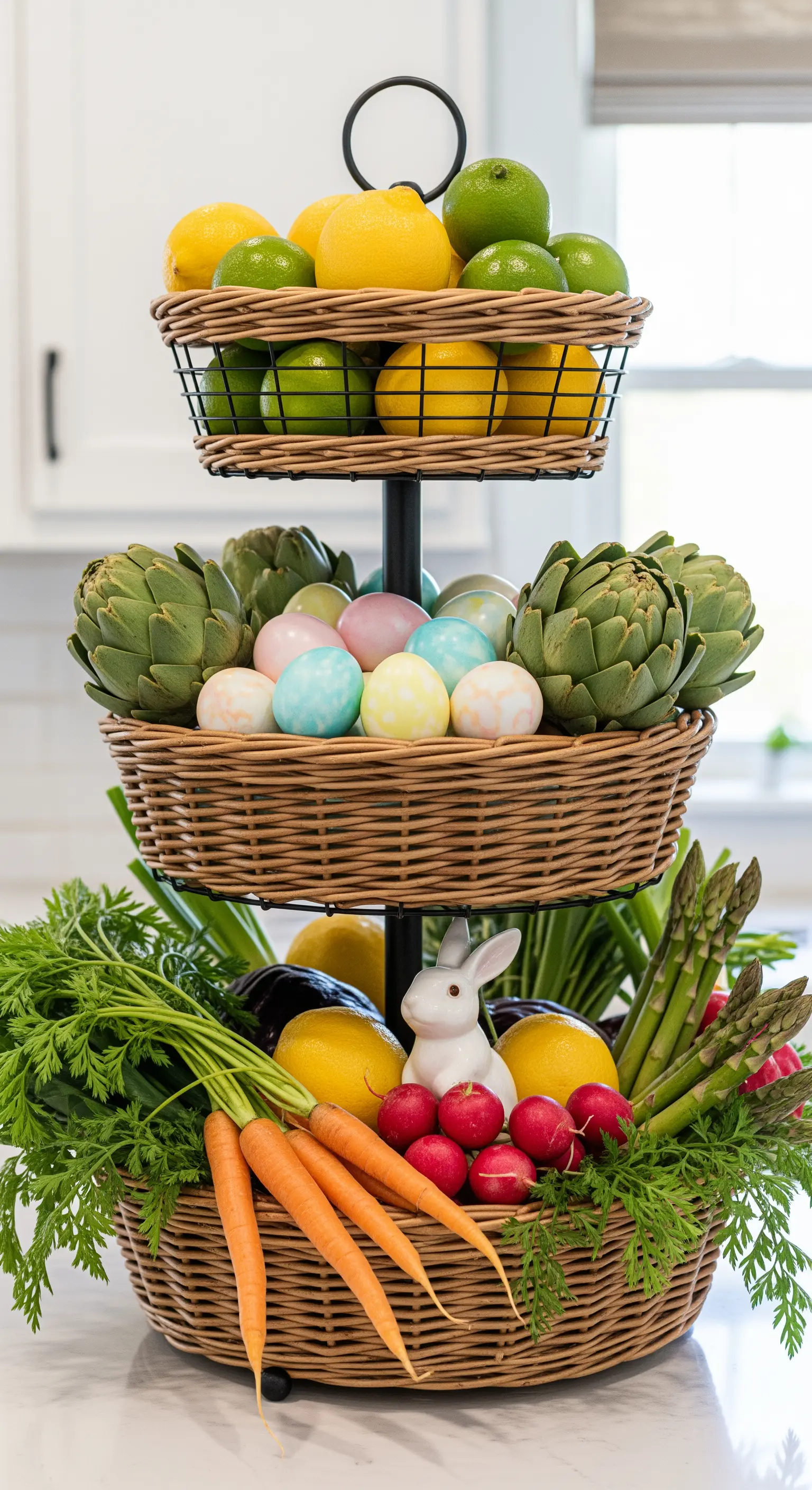 Weidenkorb-Etagere gefüllt mit frischem Gemüse, Zitrusfrüchten und Eiern