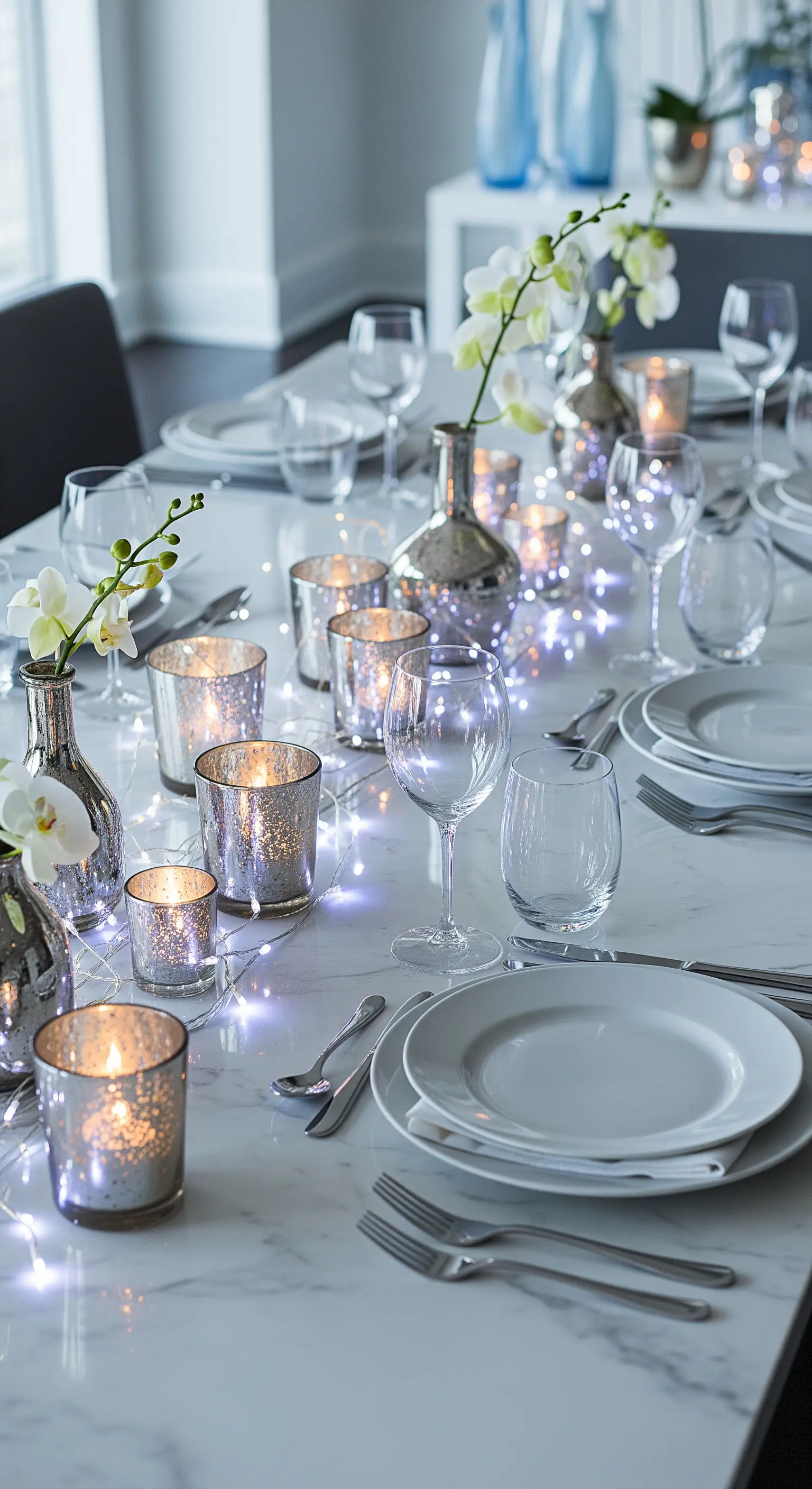 Marmortisch mit Mercury-Glas-Teelichtern, Lichterkette und weißen Orchideen.