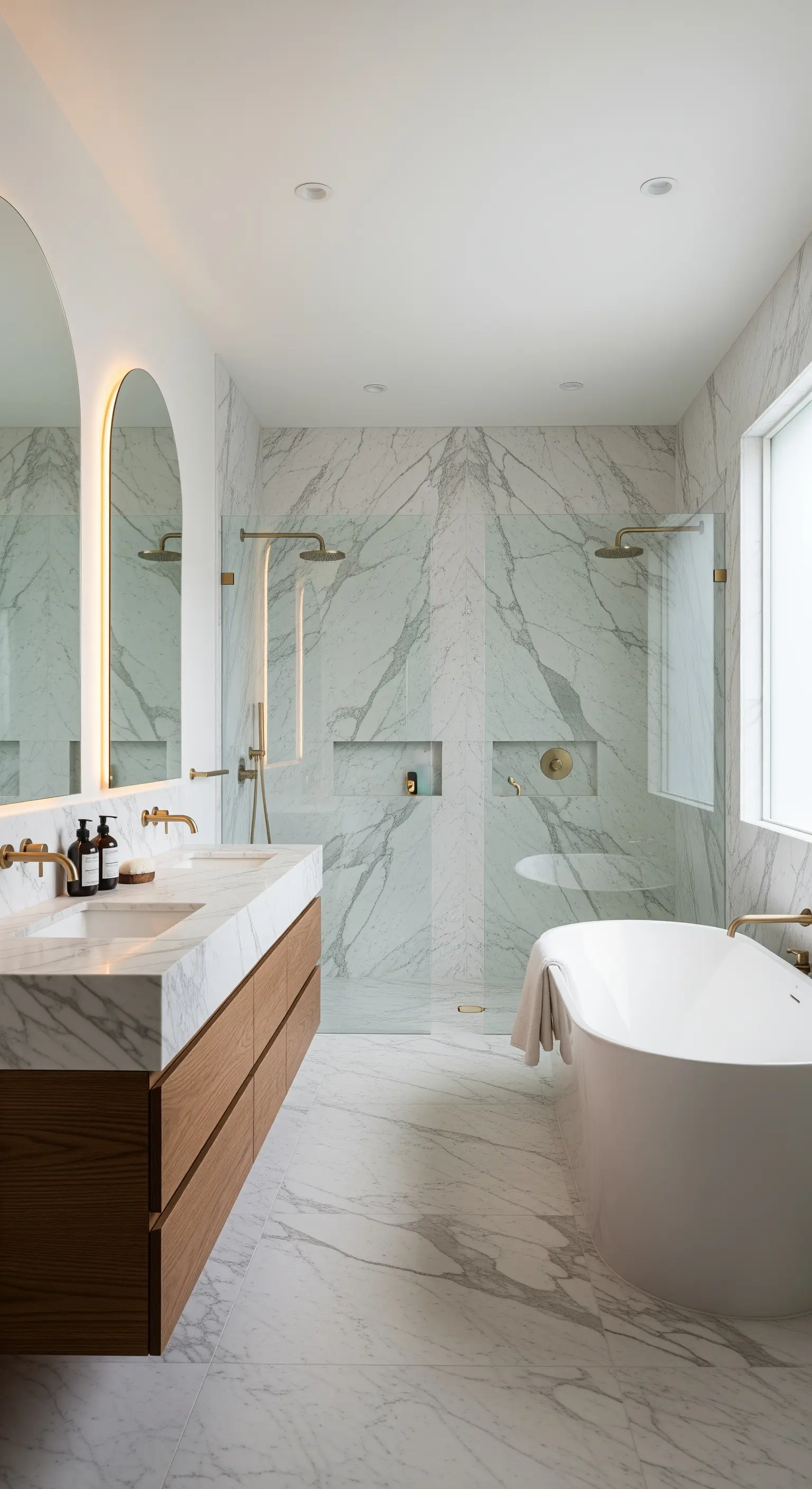 Symmetrische Marmorwand in der Dusche mit goldenen Armaturen und hinterleuchteten Spiegeln.