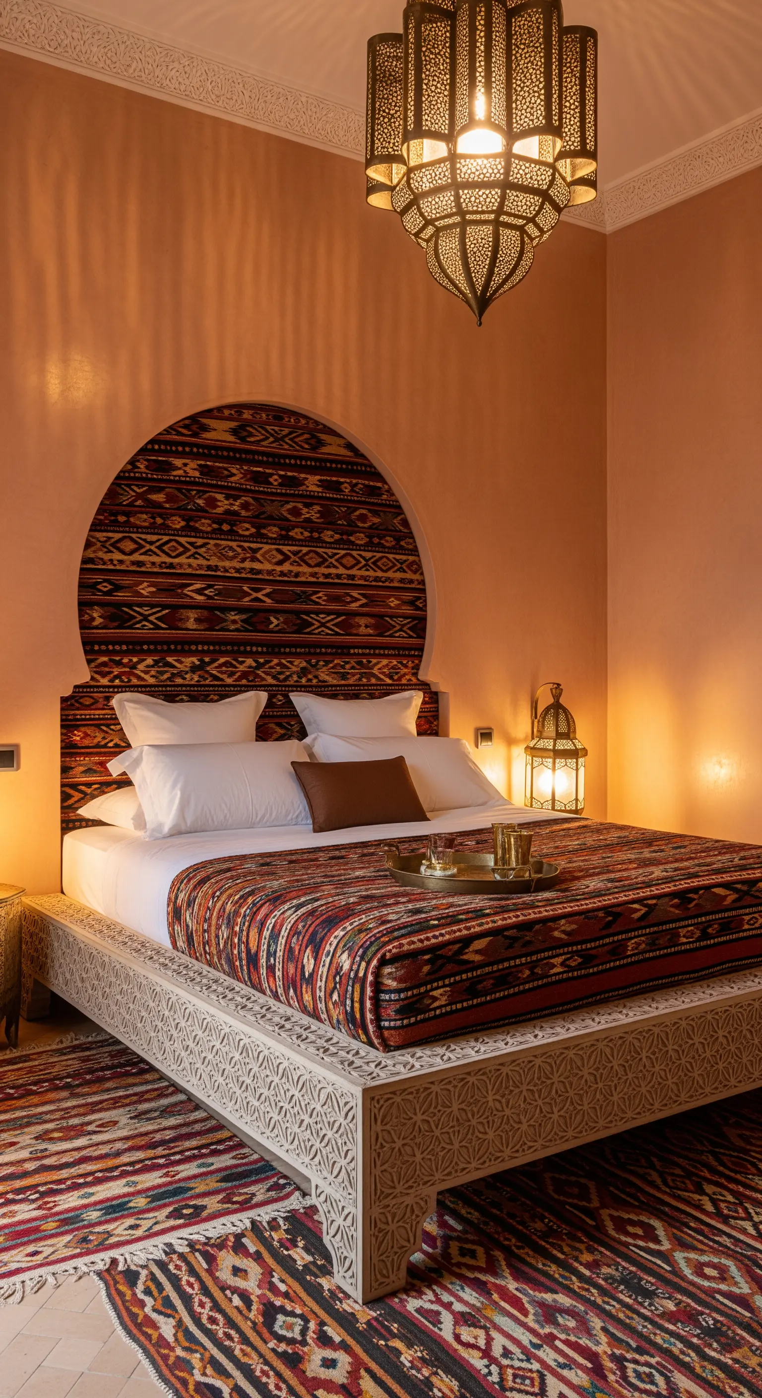 Marokkanisches Bett mit Kelim-Muster-Kopfteil und geschnitztem Rahmen