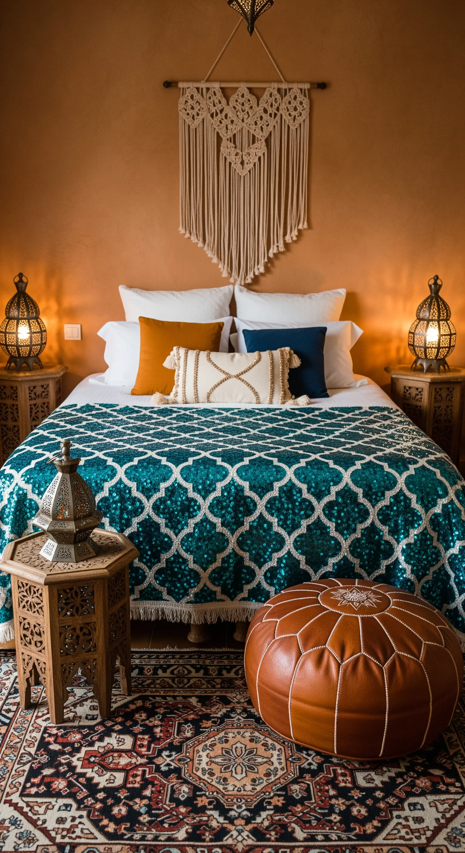 Farbenfrohes, marokkanisch inspiriertes Schlafzimmer mit Paillettendecke und Lederpouf.